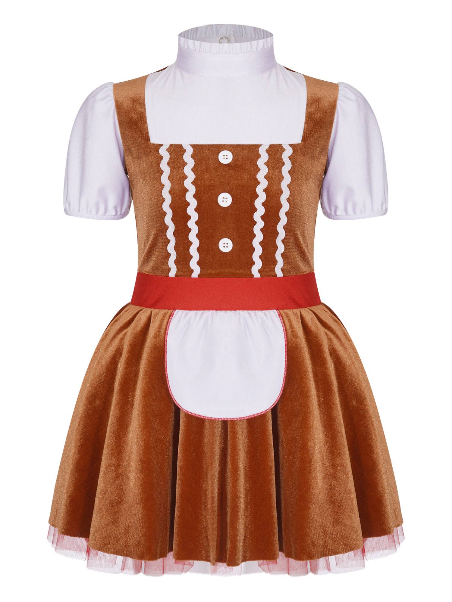 Kids Girls Christmas Gingerbread Man Costume Short Sleeve Velvet Tutu Dress