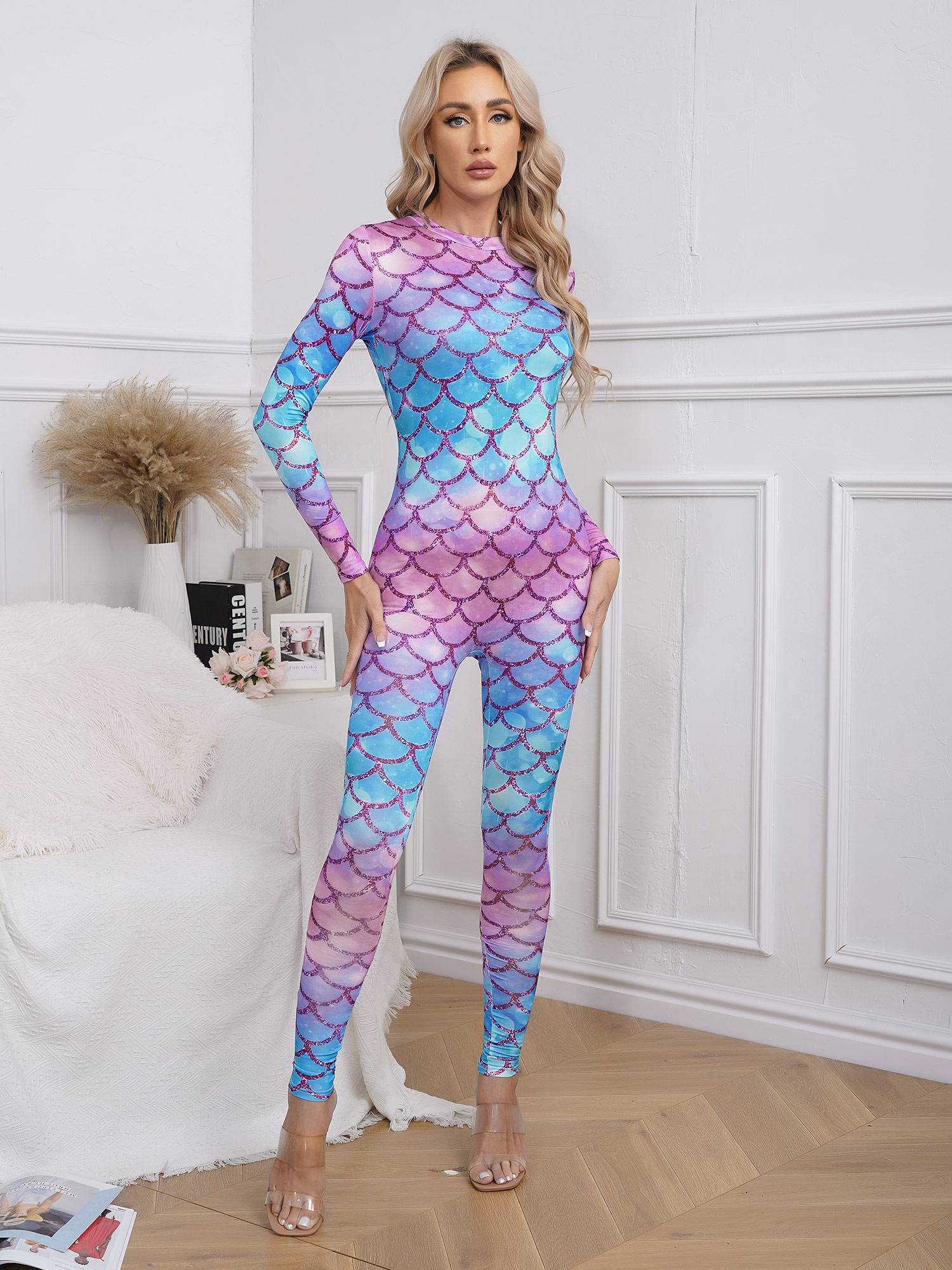 Women Long Sleeve Back Zipper Mermaid Cosplay Jumpsuit