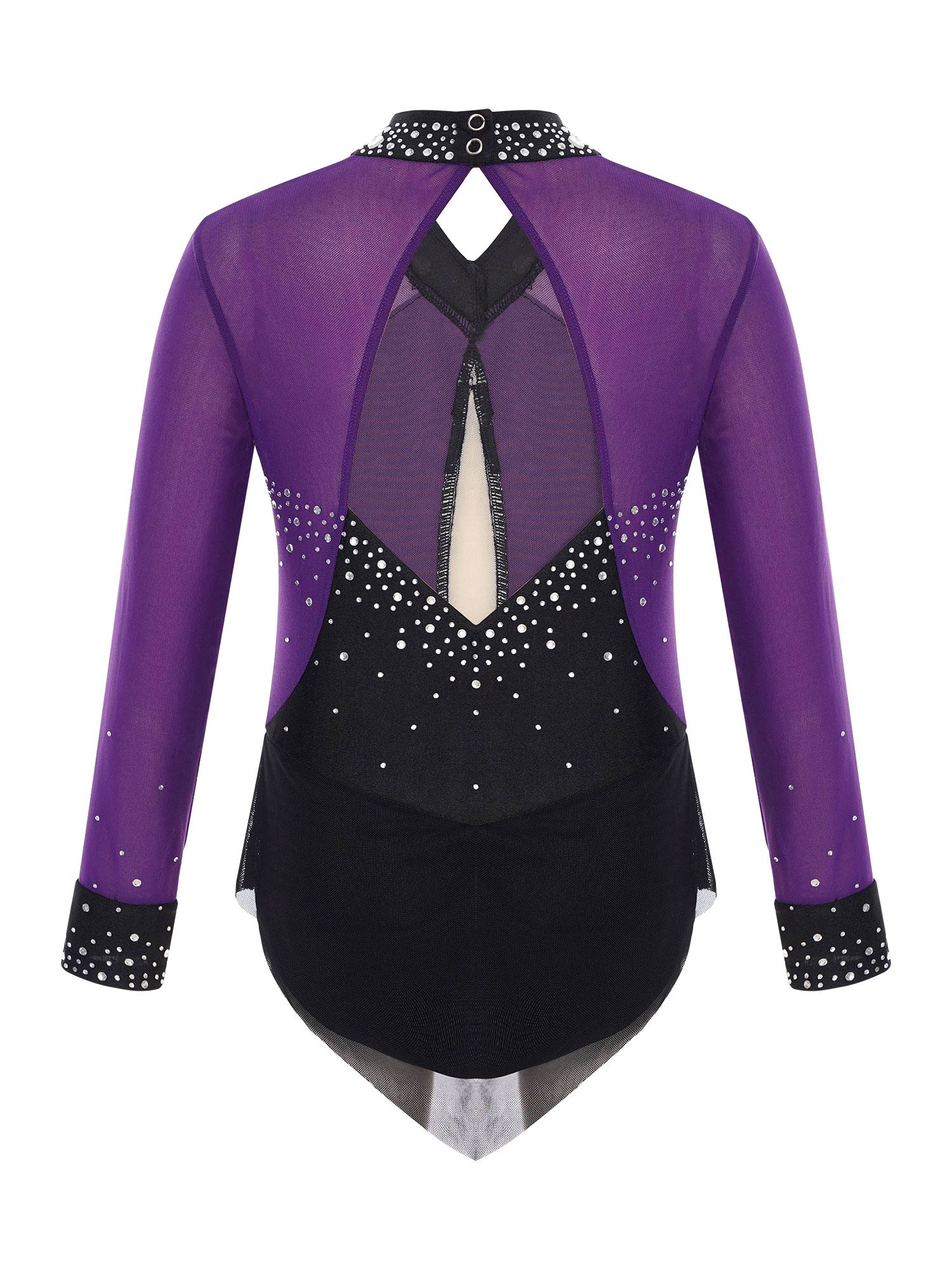 Kids Girls Long Sleeve Rhinestones Color Block Mesh Figure Skating Leotard