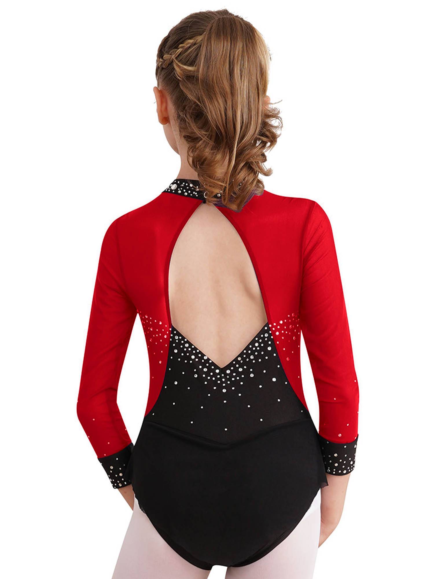 Kids Girls Long Sleeve Rhinestones Color Block Mesh Figure Skating Leotard