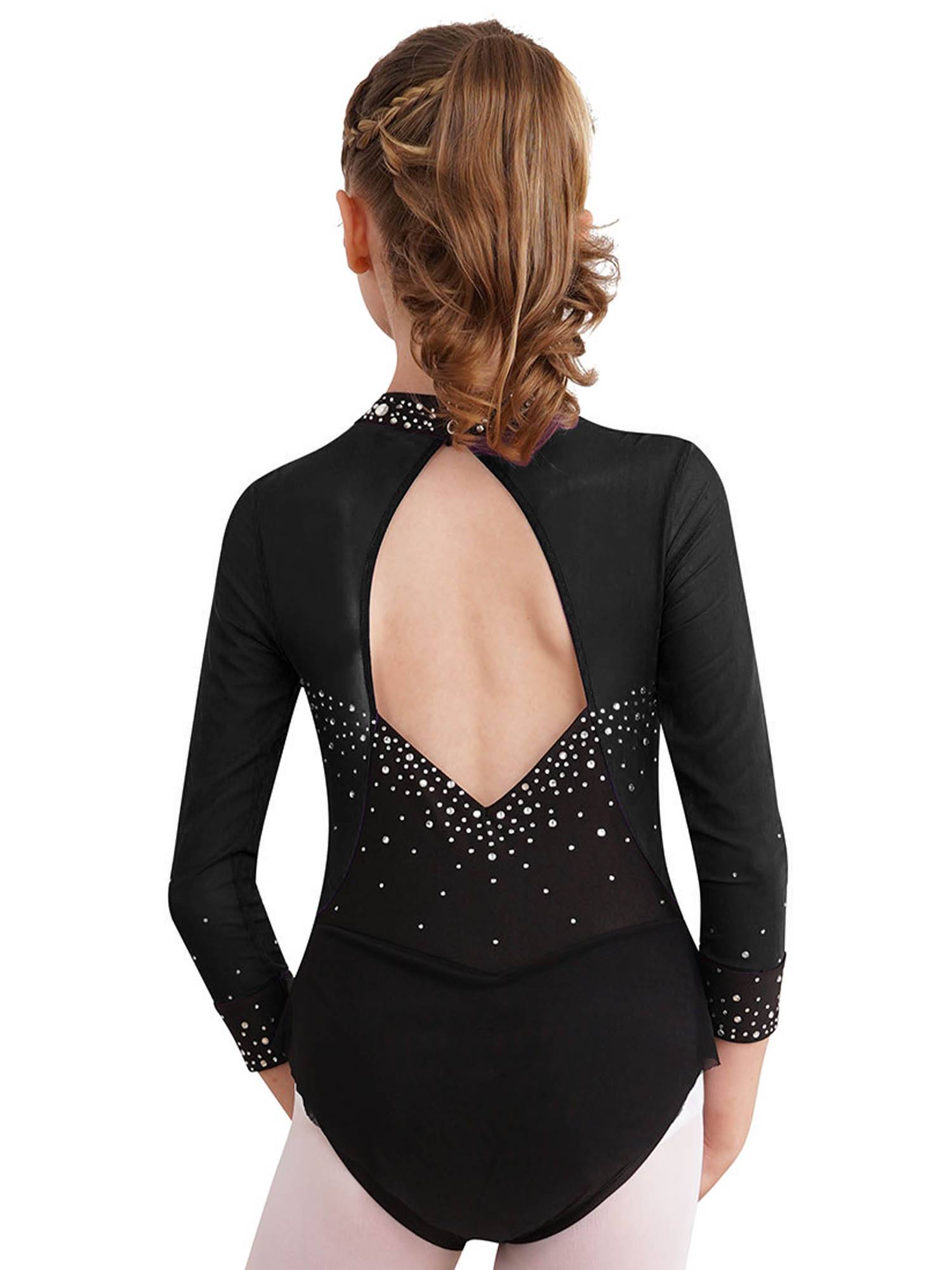 Kids Girls Long Sleeve Rhinestones Color Block Mesh Figure Skating Leotard