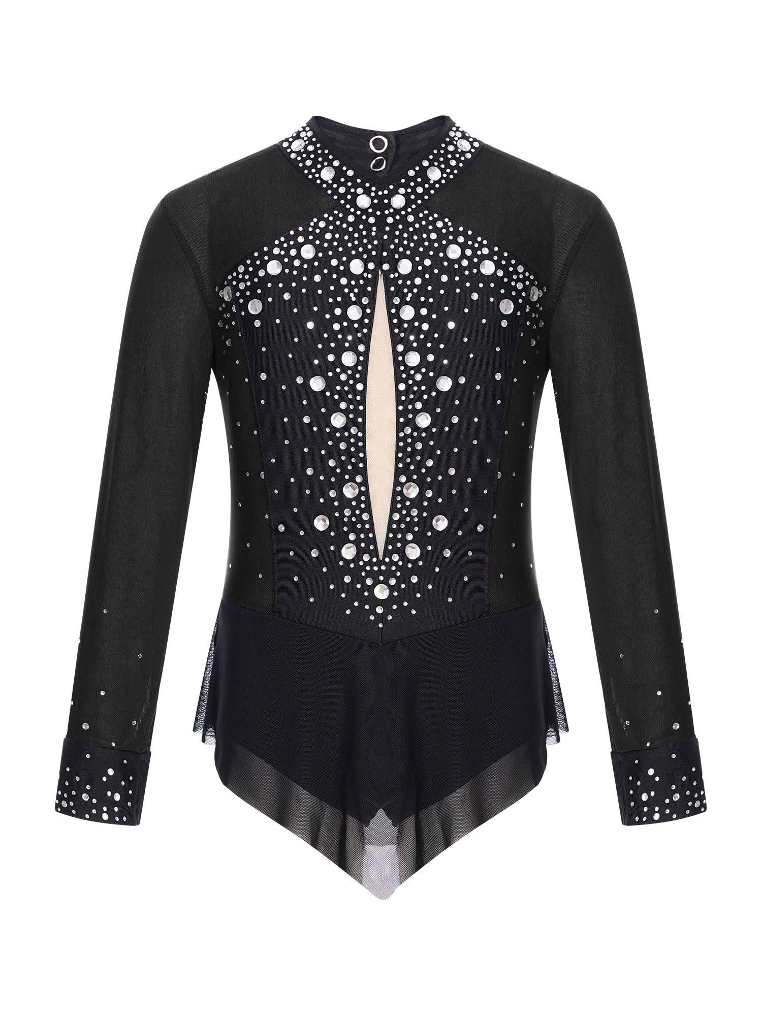 Kids Girls Long Sleeve Rhinestones Color Block Mesh Figure Skating Leotard