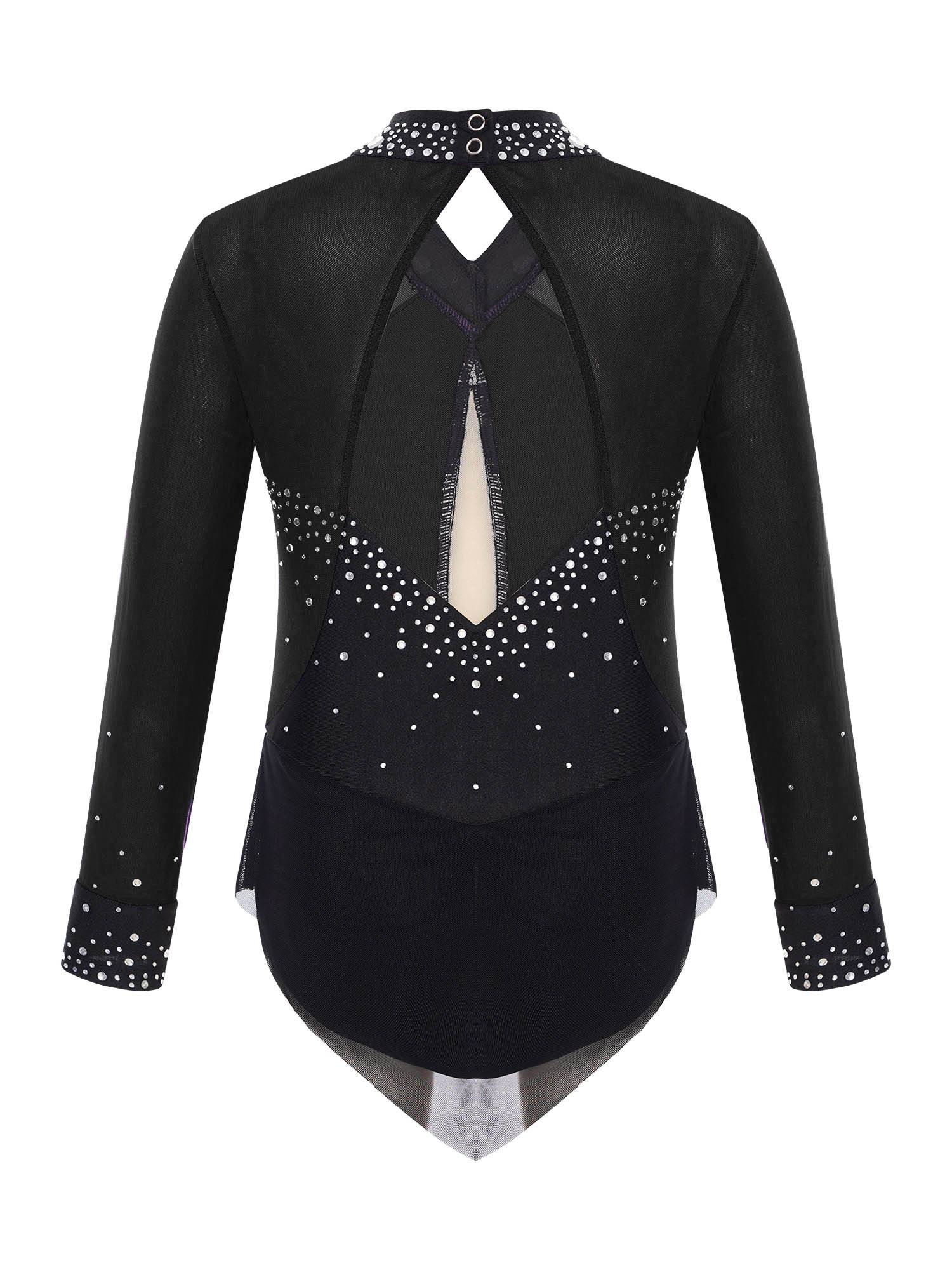 Kids Girls Long Sleeve Rhinestones Color Block Mesh Figure Skating Leotard