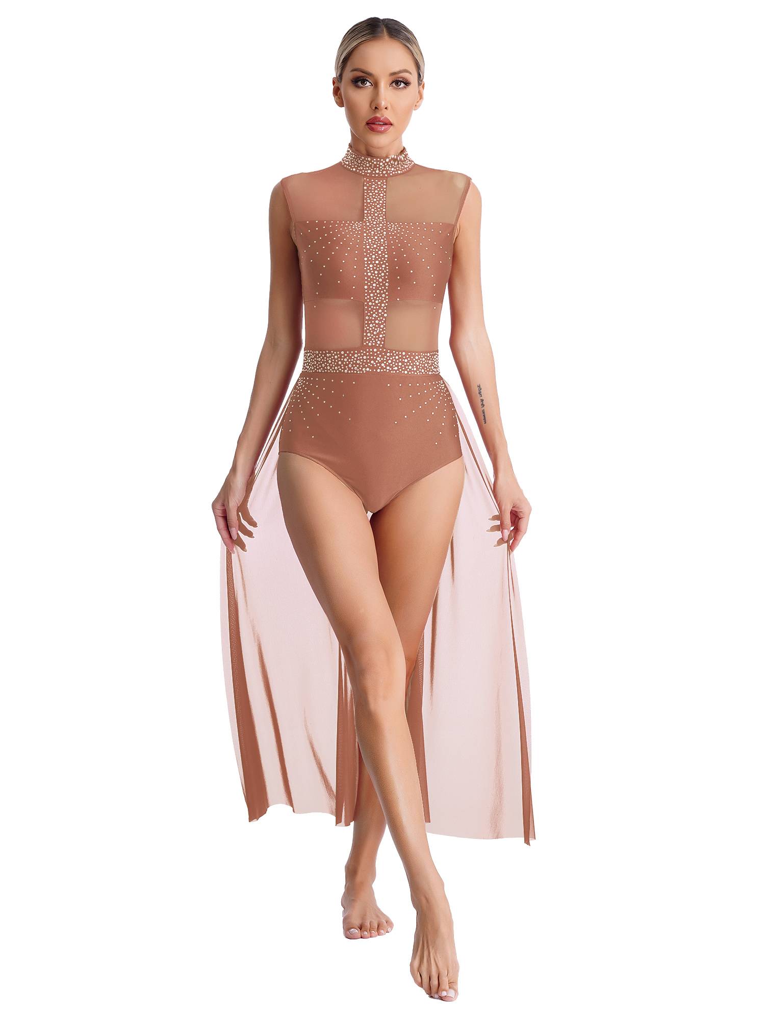 Women Rhinestone Sleeveless Lyrical Dance Leotard Dress