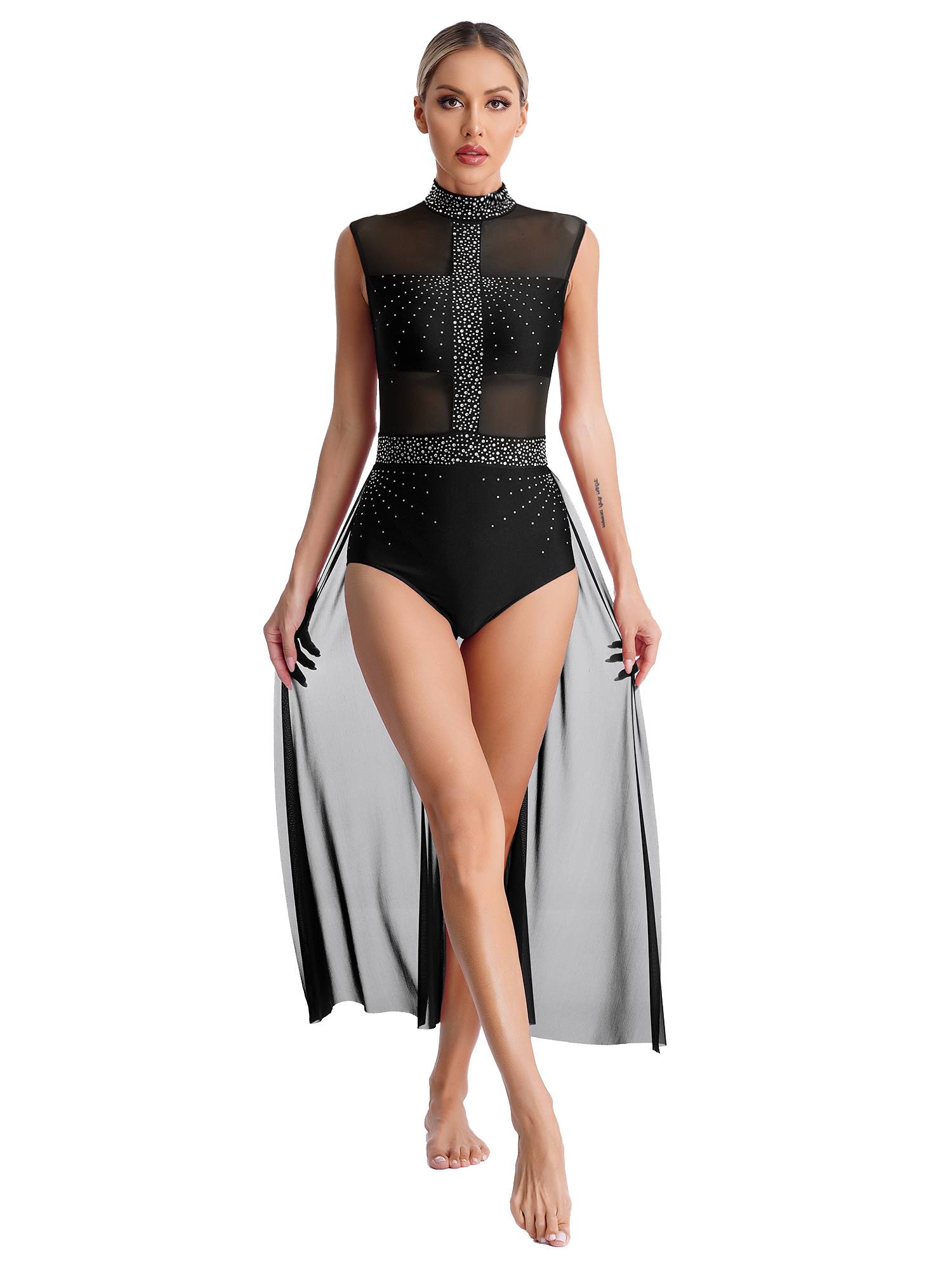 Women Rhinestone Sleeveless Lyrical Dance Leotard Dress