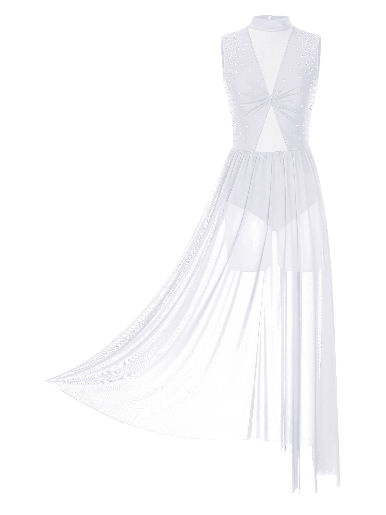 Women Sleeveless Shiny Rhinestone Lyrical Dance Leotard Dresses