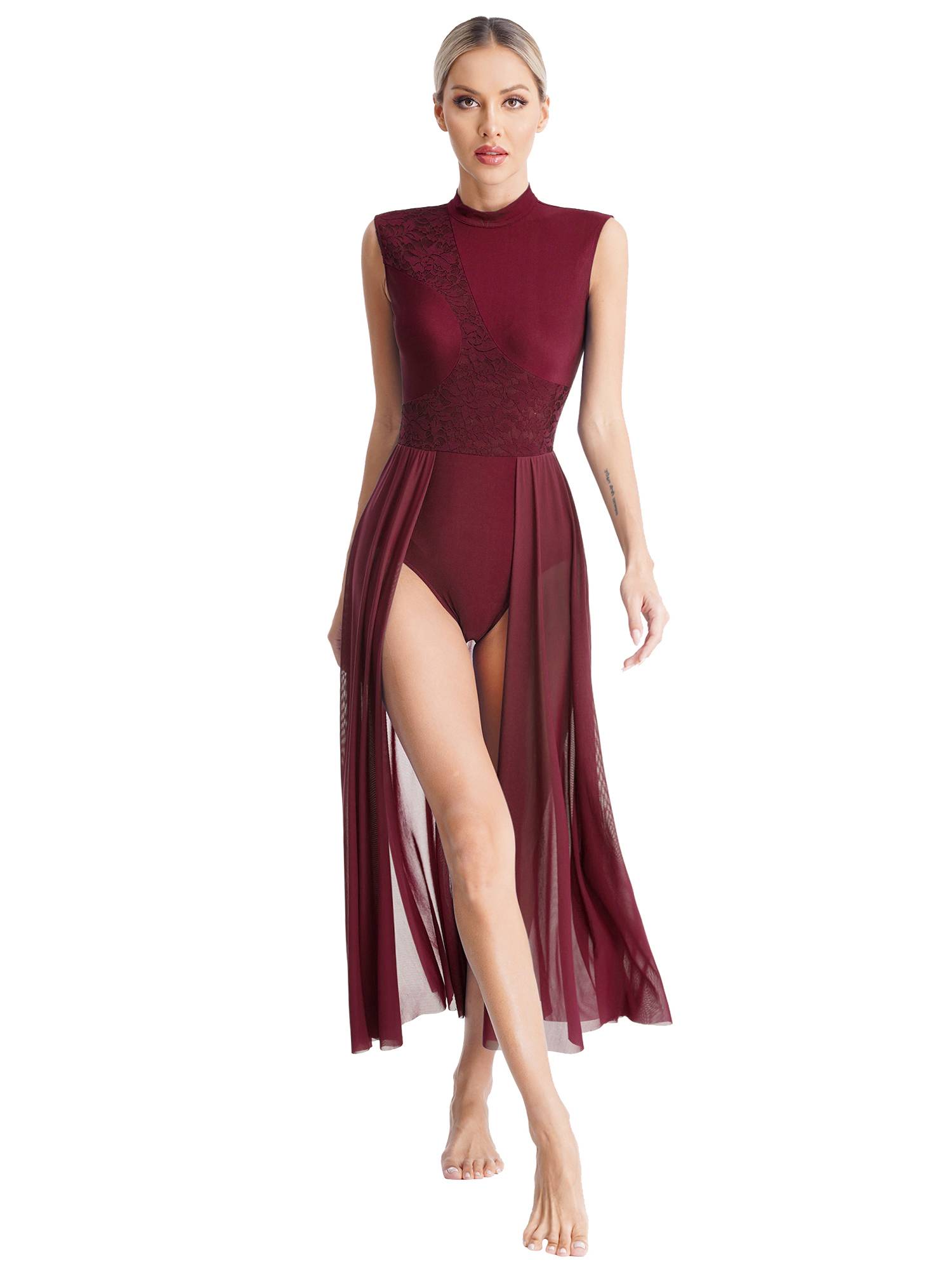 Women Sleeveless Floral Lace Lyrical Dance Leotard Dresses