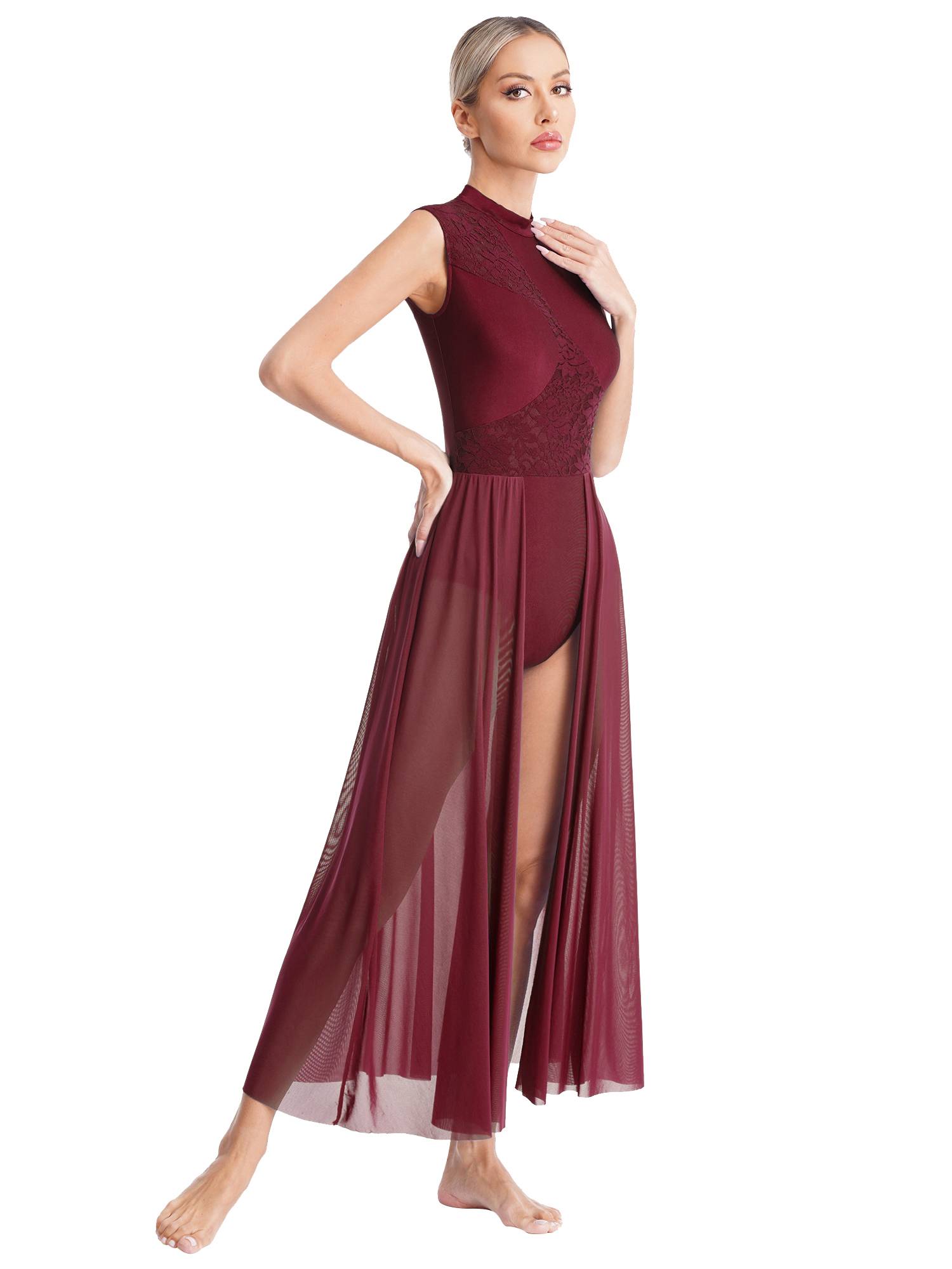 Women Sleeveless Floral Lace Lyrical Dance Leotard Dresses