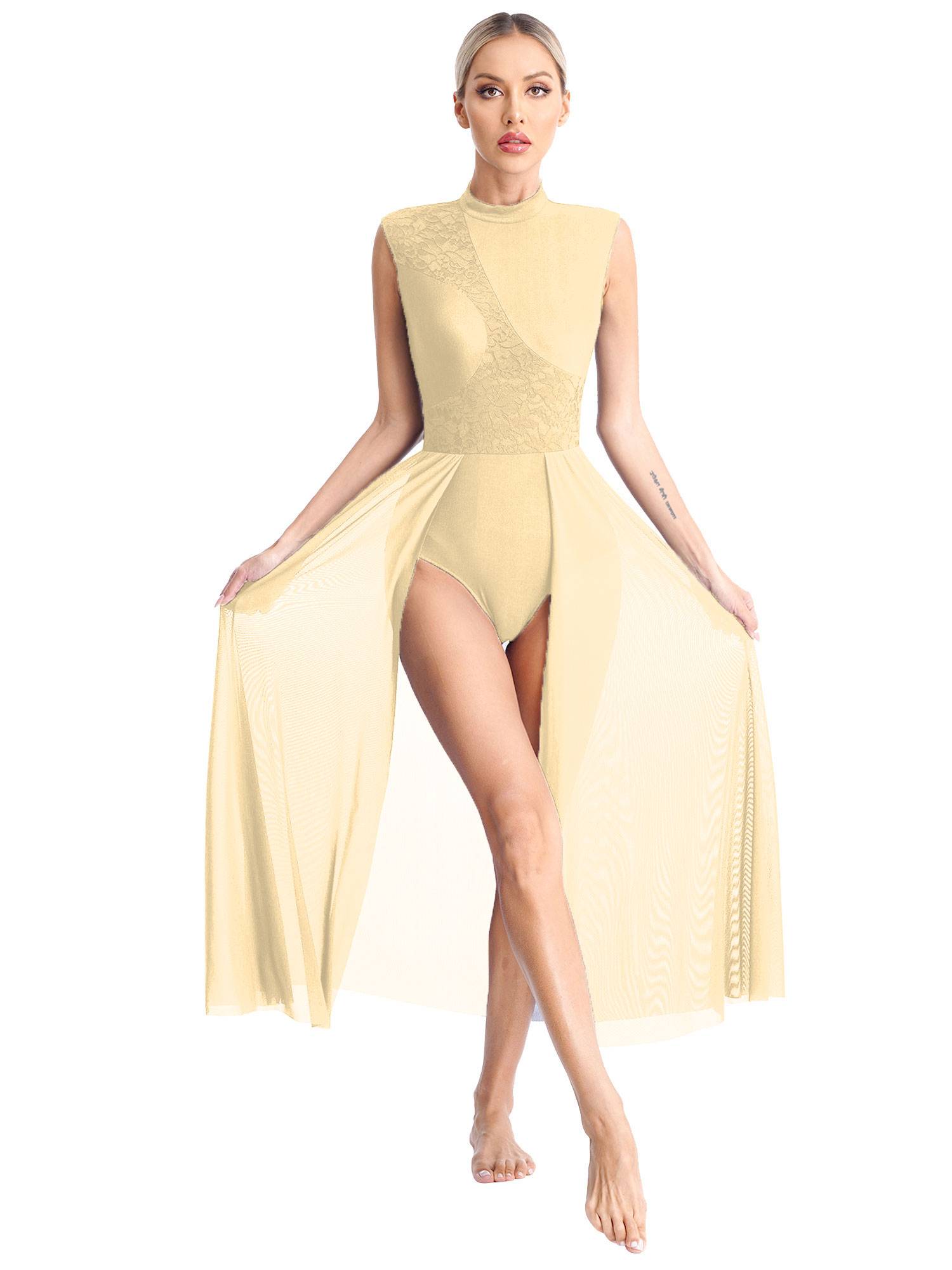 Women Sleeveless Floral Lace Lyrical Dance Leotard Dresses