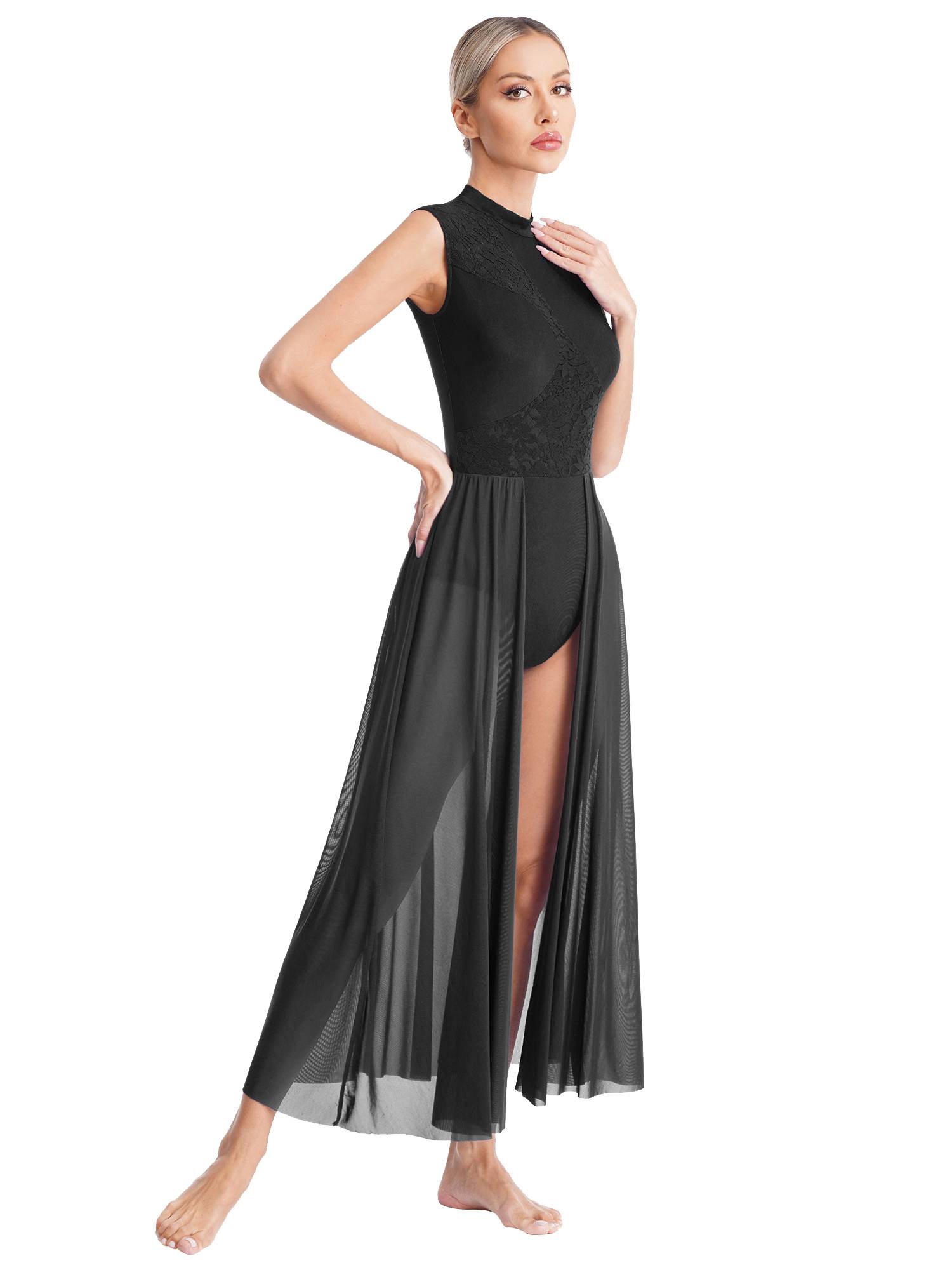 Women Sleeveless Floral Lace Lyrical Dance Leotard Dresses