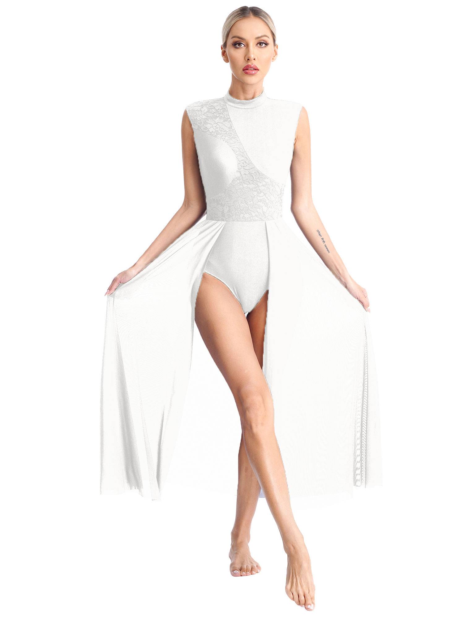 Women Sleeveless Floral Lace Lyrical Dance Leotard Dresses