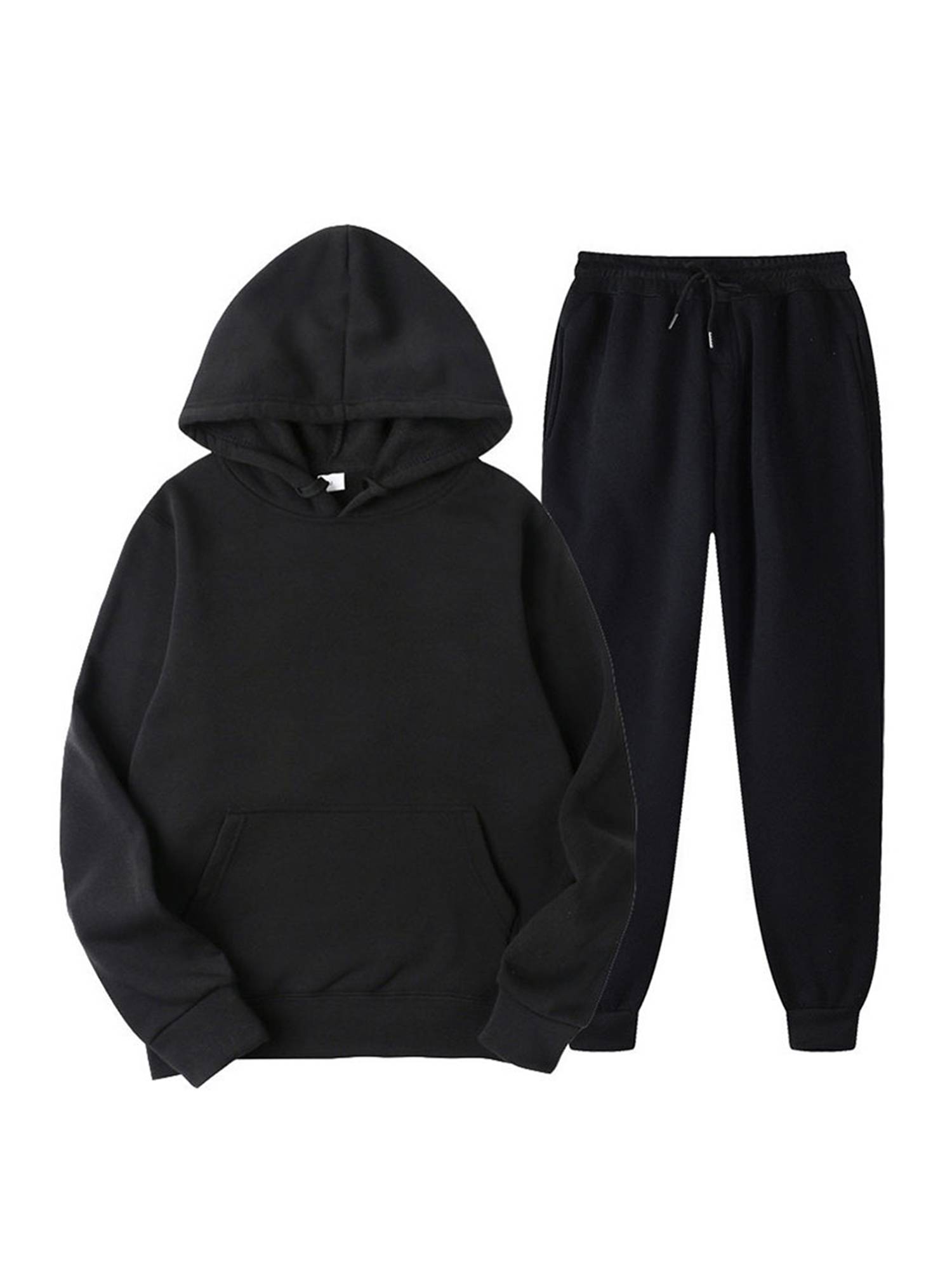 Men 2pcs Solid Color Long Sleeve Hooded Sweatshirt and Sweatpants Sports Set