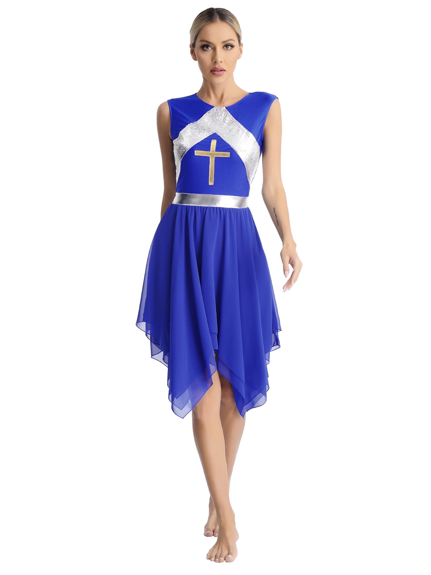 Women Sequins Sleeveless Cross Print Worship Dress