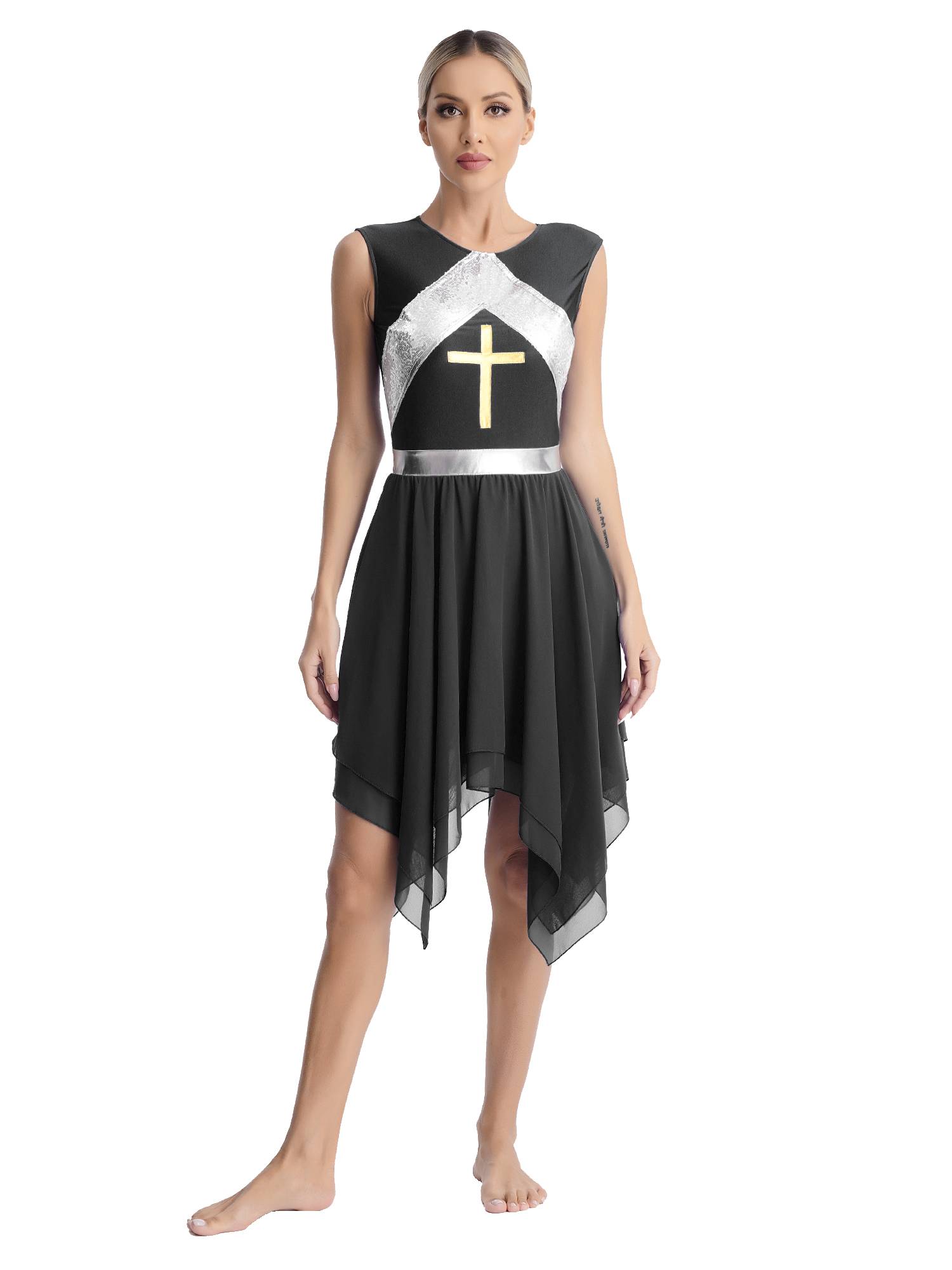 Women Sequins Sleeveless Cross Print Worship Dress