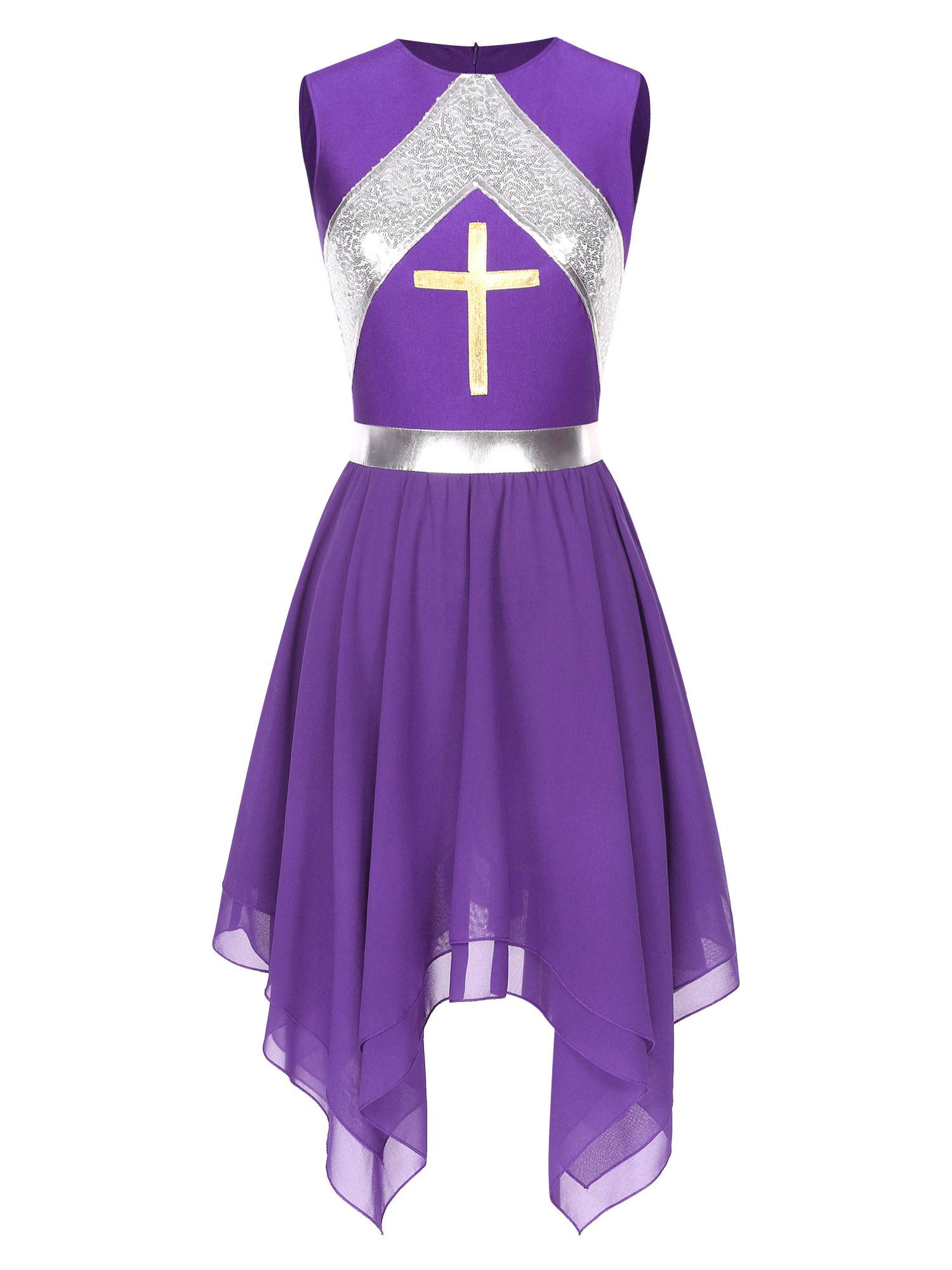 Women Sequins Sleeveless Cross Print Worship Dress