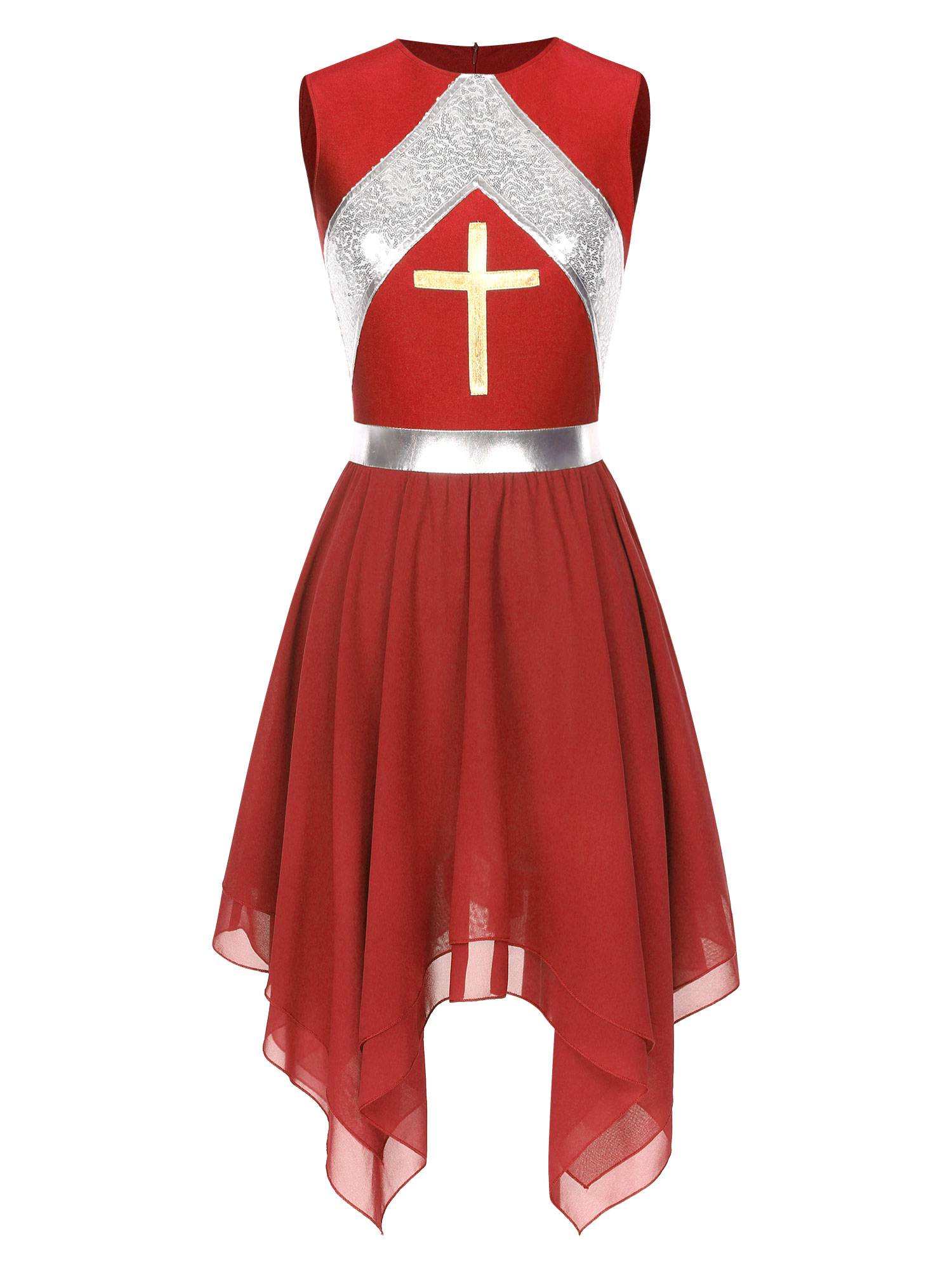 Women Sequins Sleeveless Cross Print Worship Dress