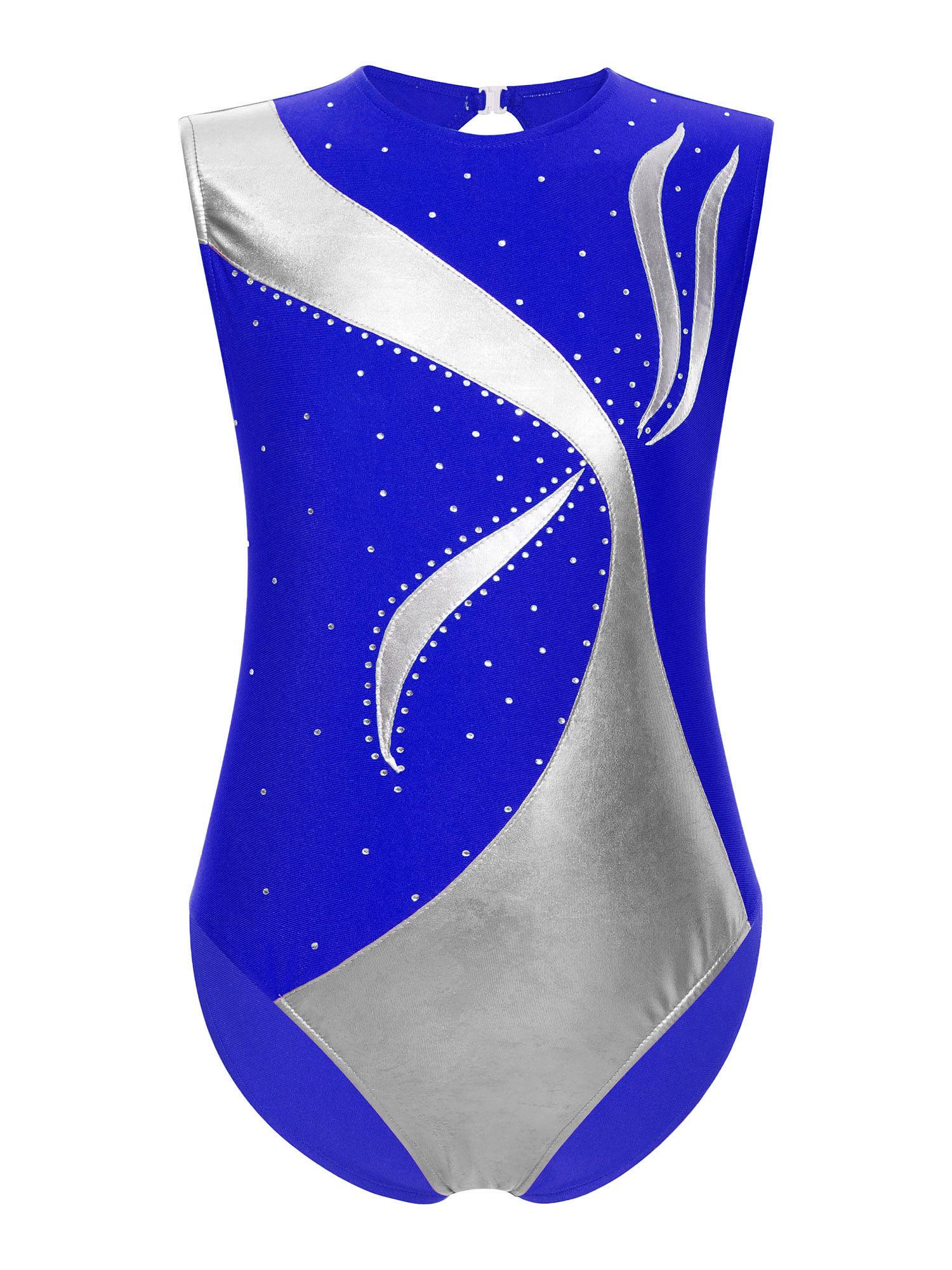 Kids Girls Sleeveless Metallic Shiny Rhinestones Gymnastics Leotard