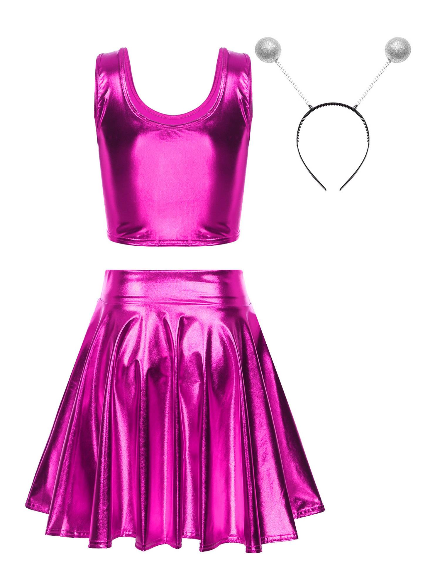 Women 3pcs Metallic Crop Top and Pleated A-line Skirt with Headband Dance Set