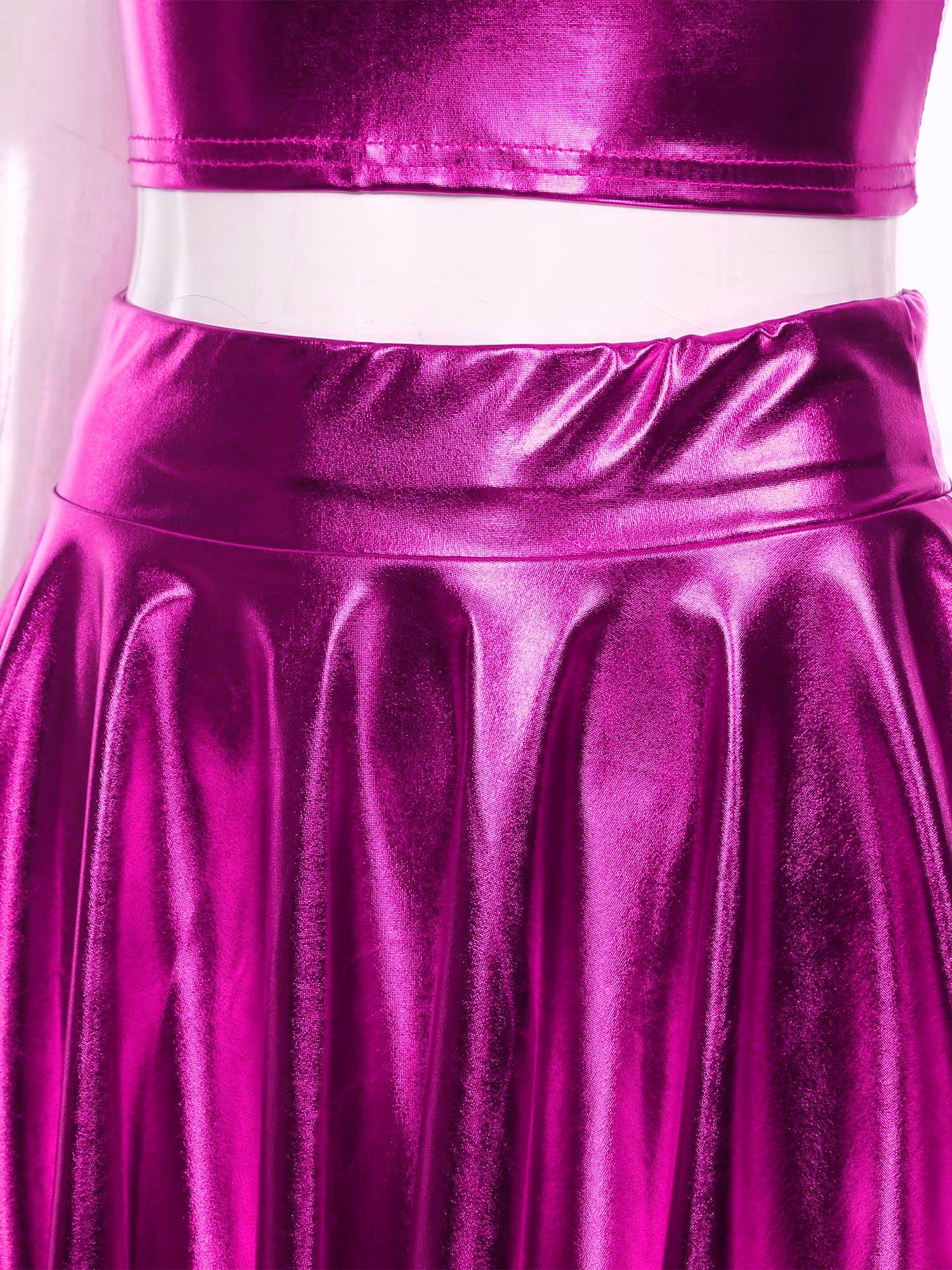 Women 3pcs Metallic Crop Top and Pleated A-line Skirt with Headband Dance Set