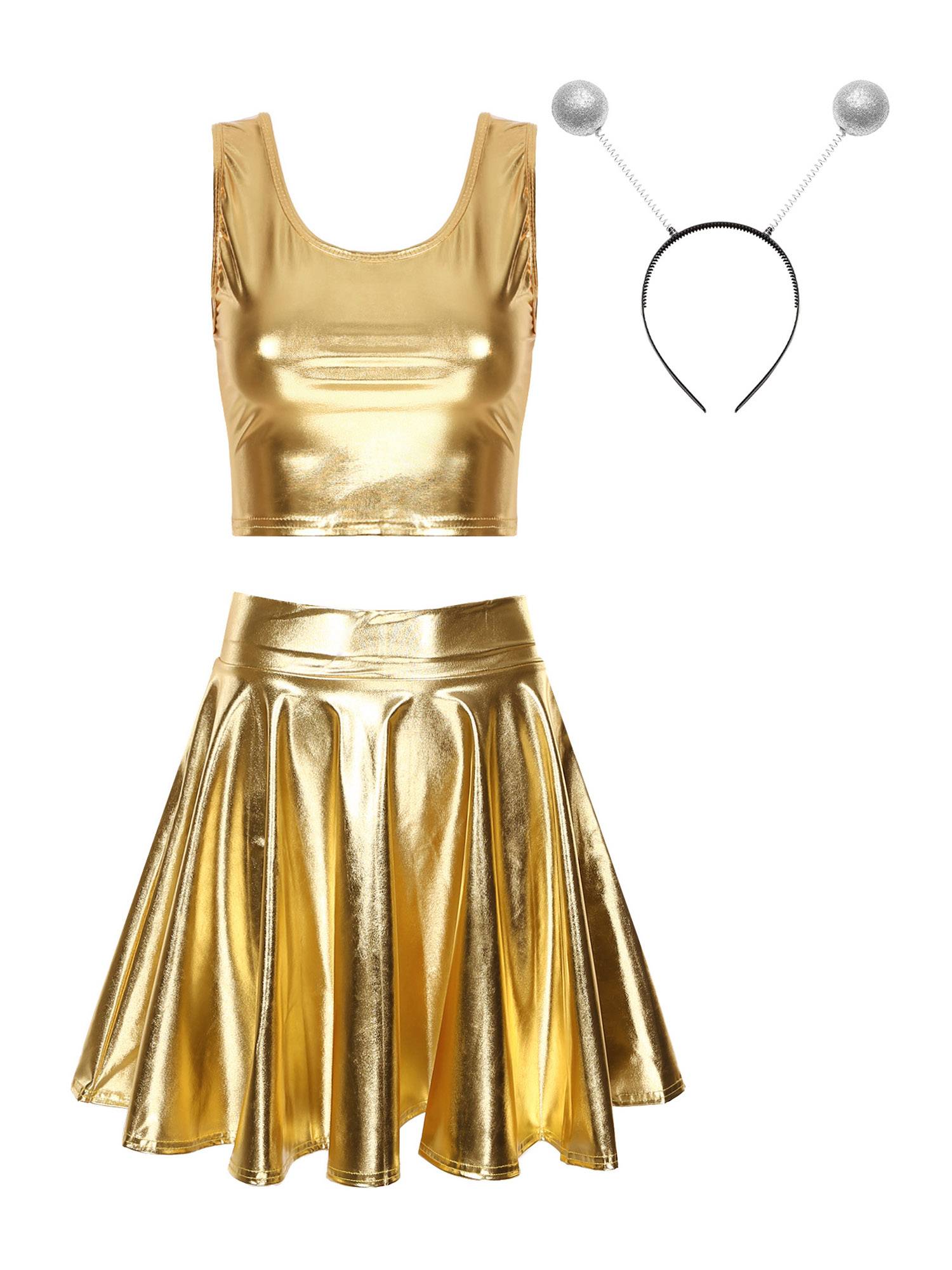 Women 3pcs Metallic Crop Top and Pleated A-line Skirt with Headband Dance Set