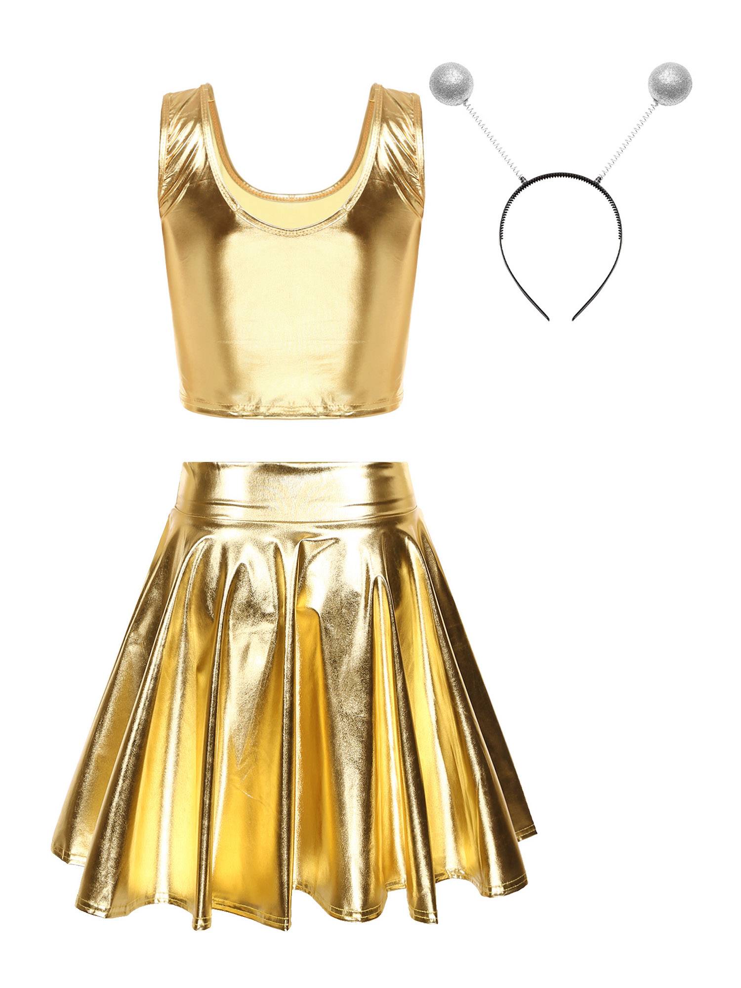 Women 3pcs Metallic Crop Top and Pleated A-line Skirt with Headband Dance Set