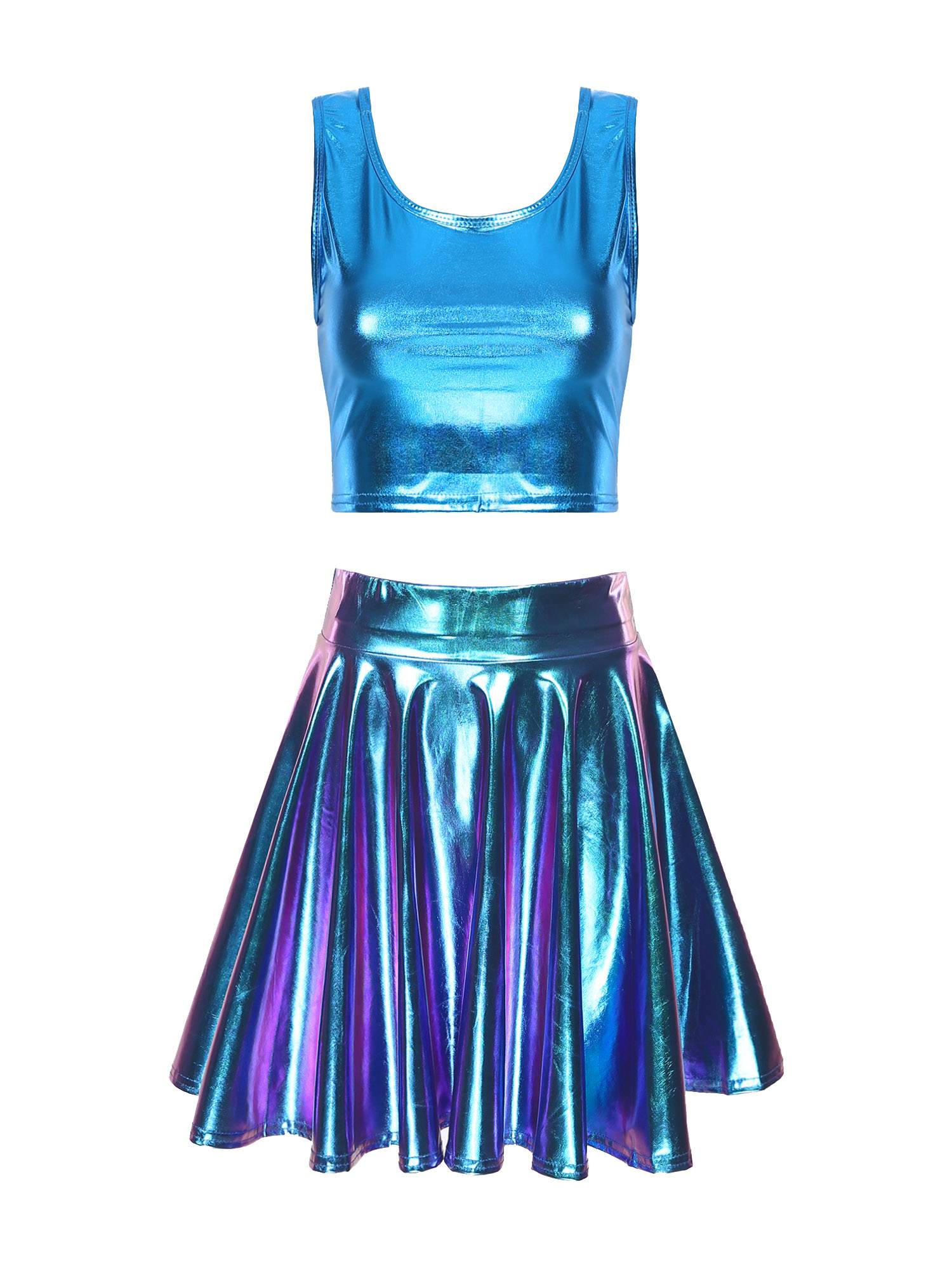 Women 3pcs Metallic Crop Top and Pleated A-line Skirt with Headband Dance Set