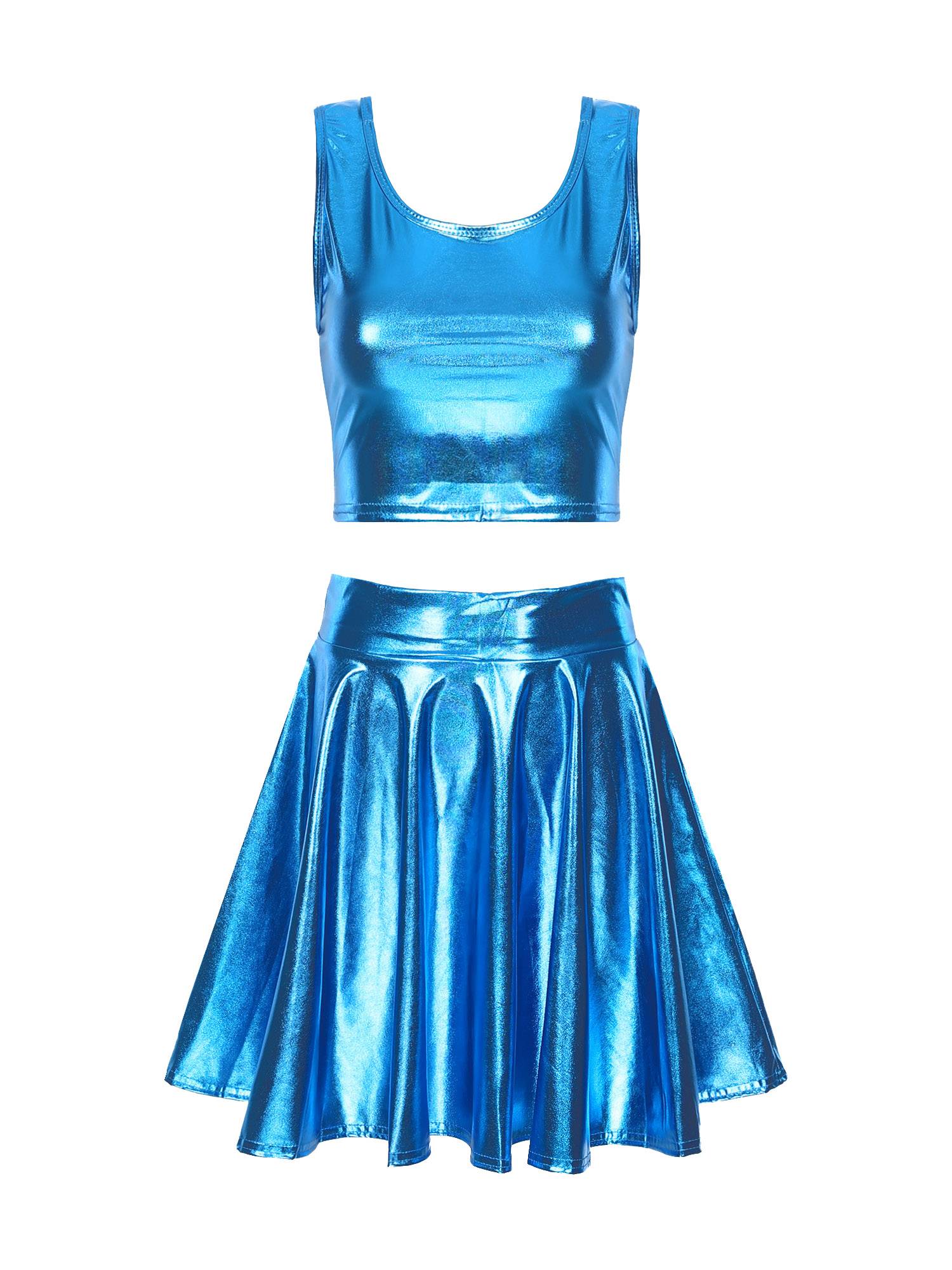 Women 3pcs Metallic Crop Top and Pleated A-line Skirt with Headband Dance Set