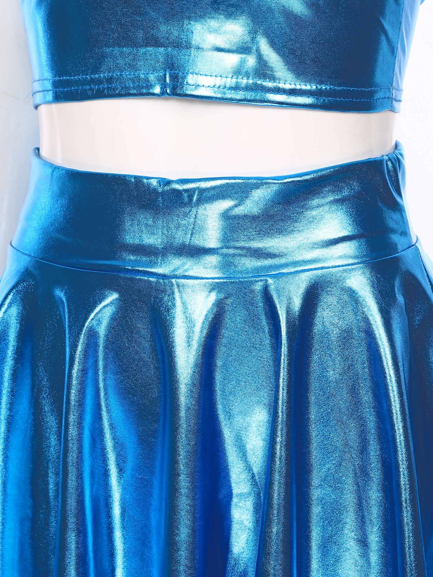 Women 3pcs Metallic Crop Top and Pleated A-line Skirt with Headband Dance Set