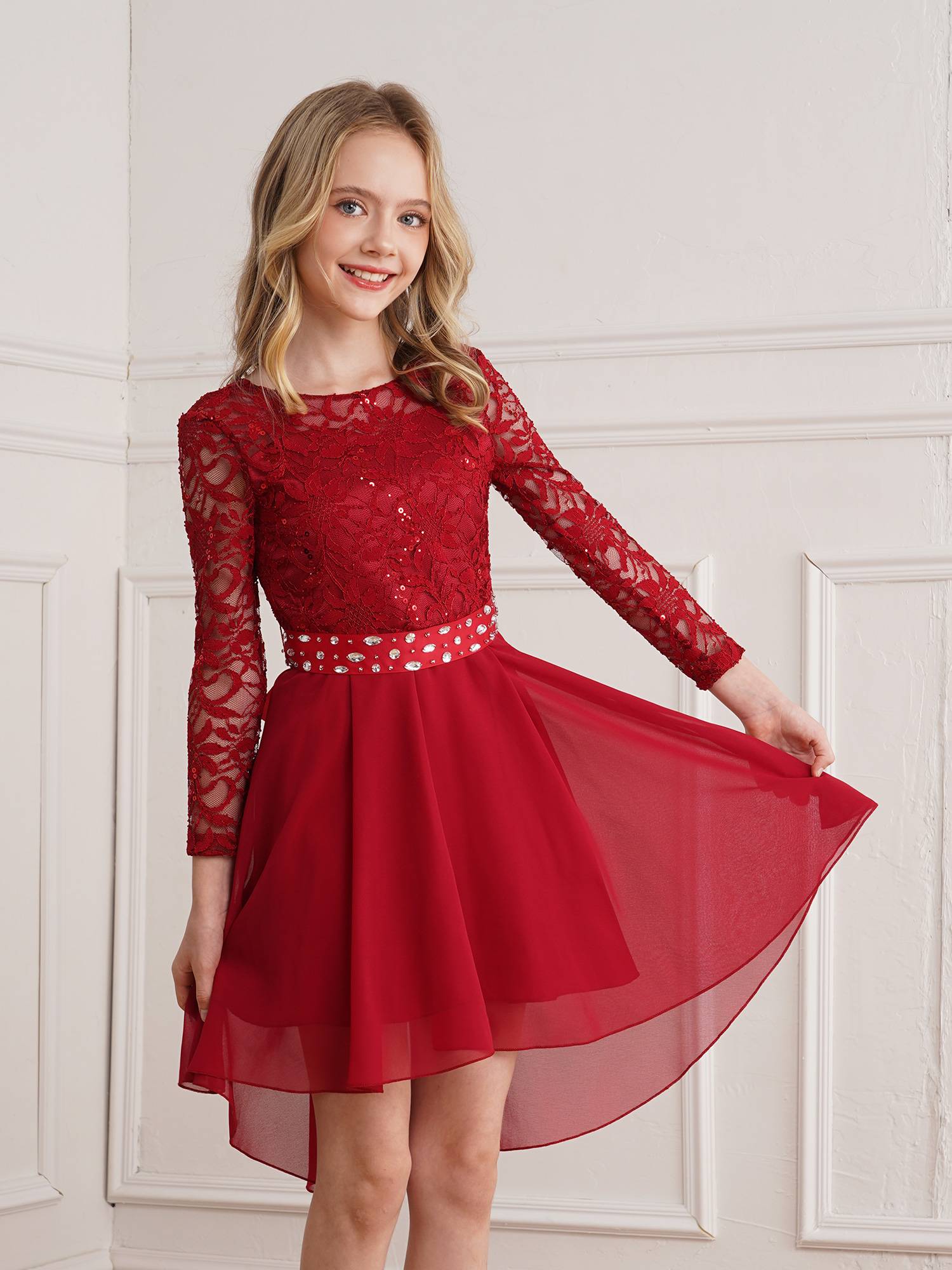 Kids Girls Lace and Chiffon Splicing Long Sleeves Prom Dress