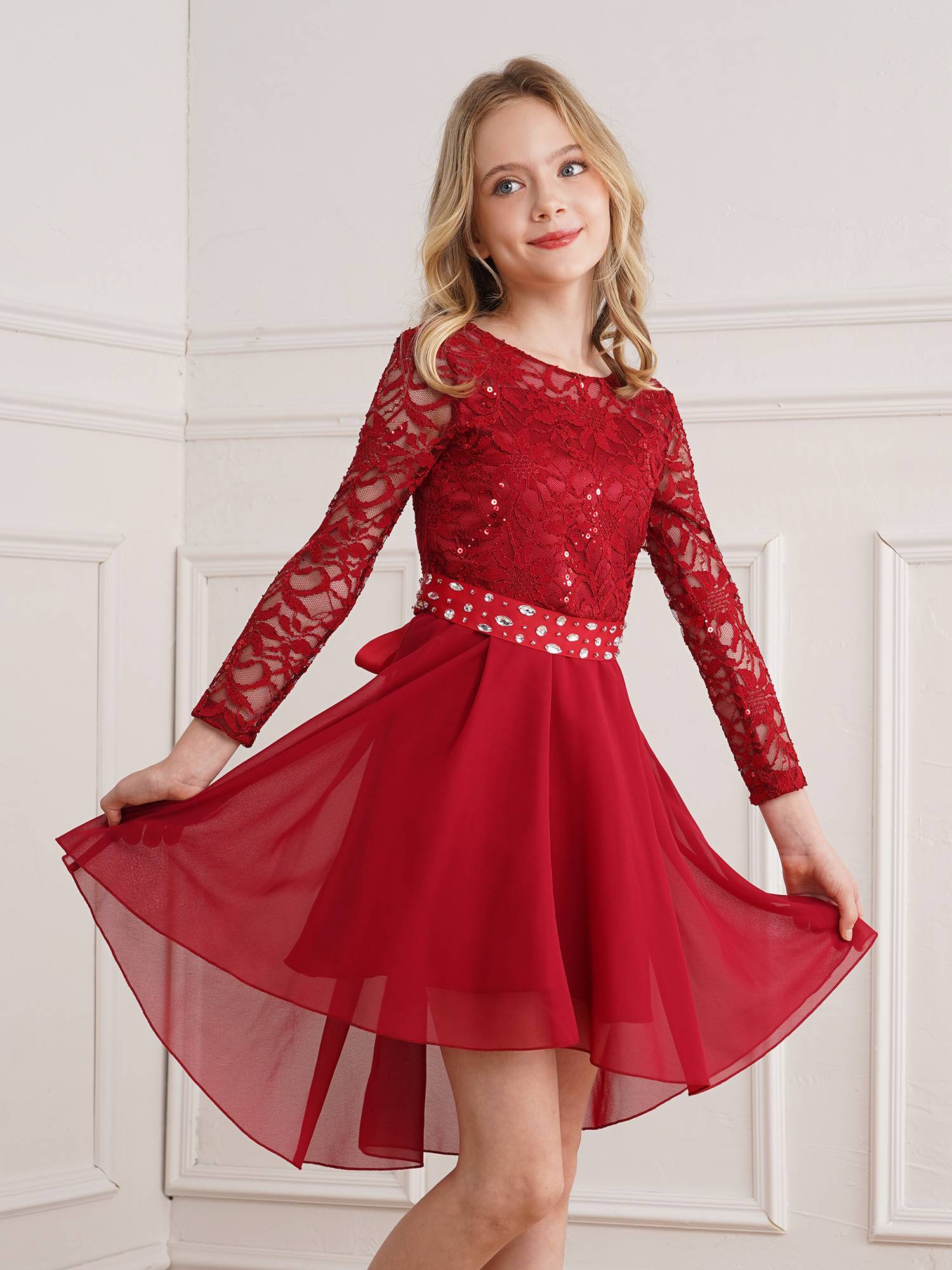 Kids Girls Lace and Chiffon Splicing Long Sleeves Prom Dress