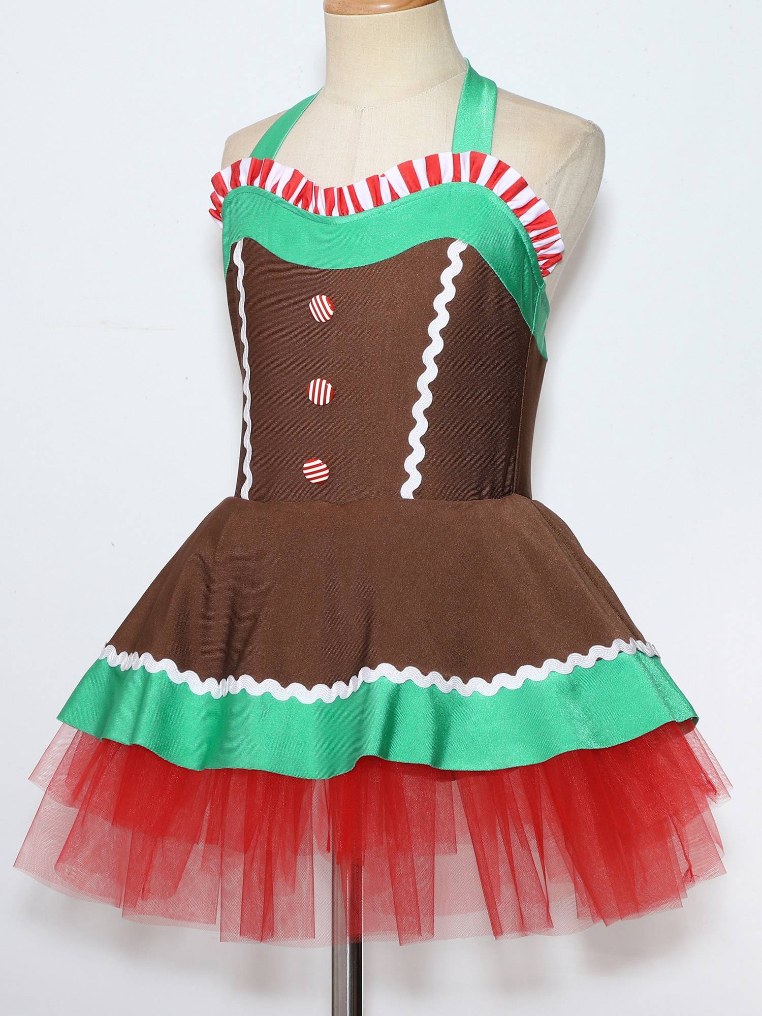 Kids Girls Christmas Gingerbread Man Costume Sleeveless Halter Neck Tutu Dress