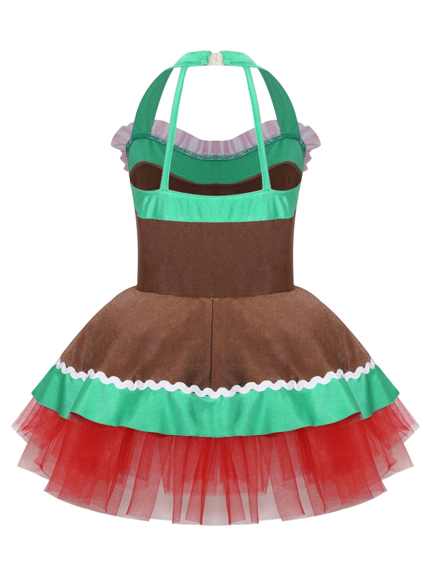 Kids Girls Christmas Gingerbread Man Costume Sleeveless Halter Neck Tutu Dress
