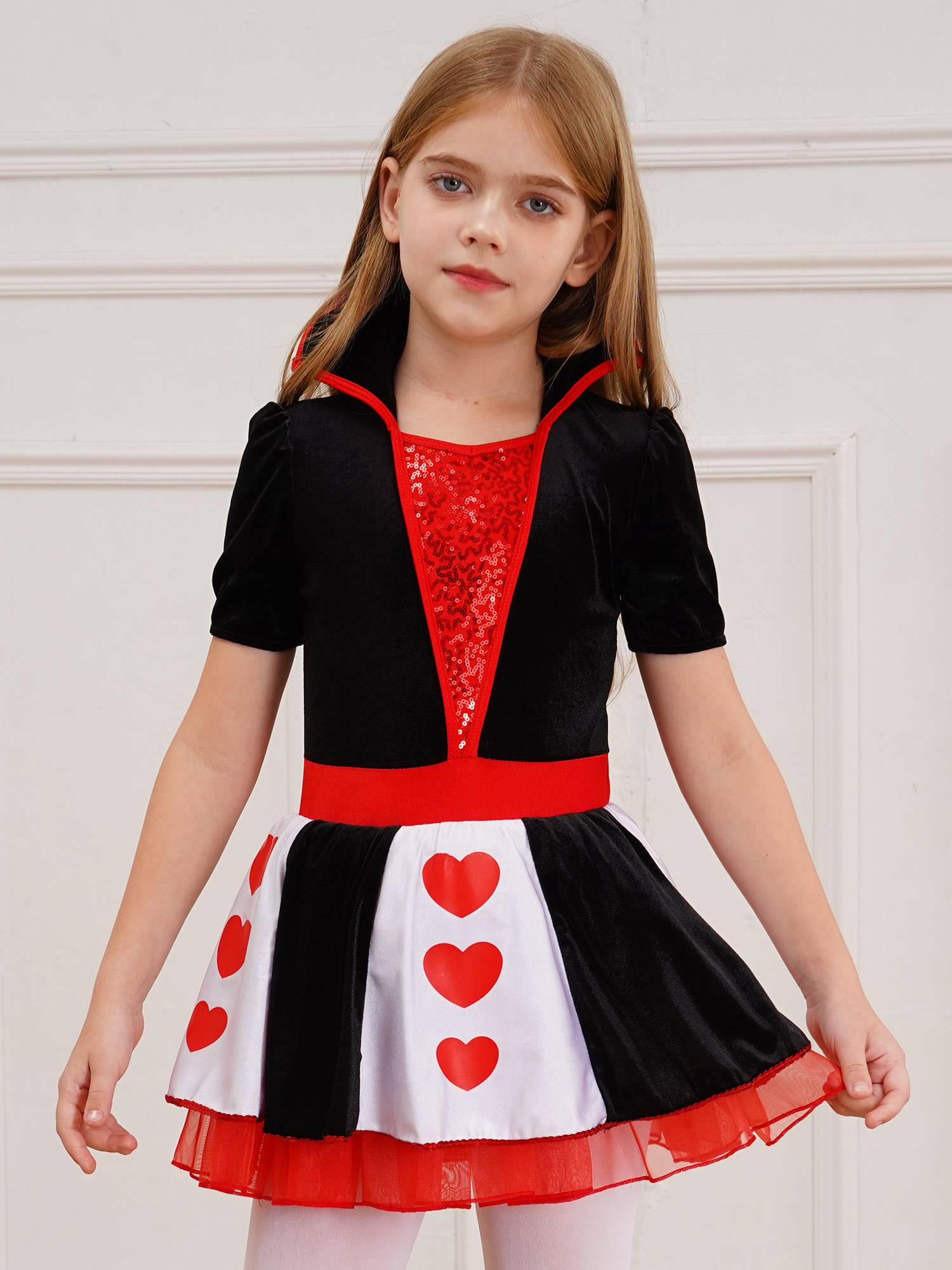 Kids Girls Queen of Heart Costume Short Sleeve Sequins Tutu Dress