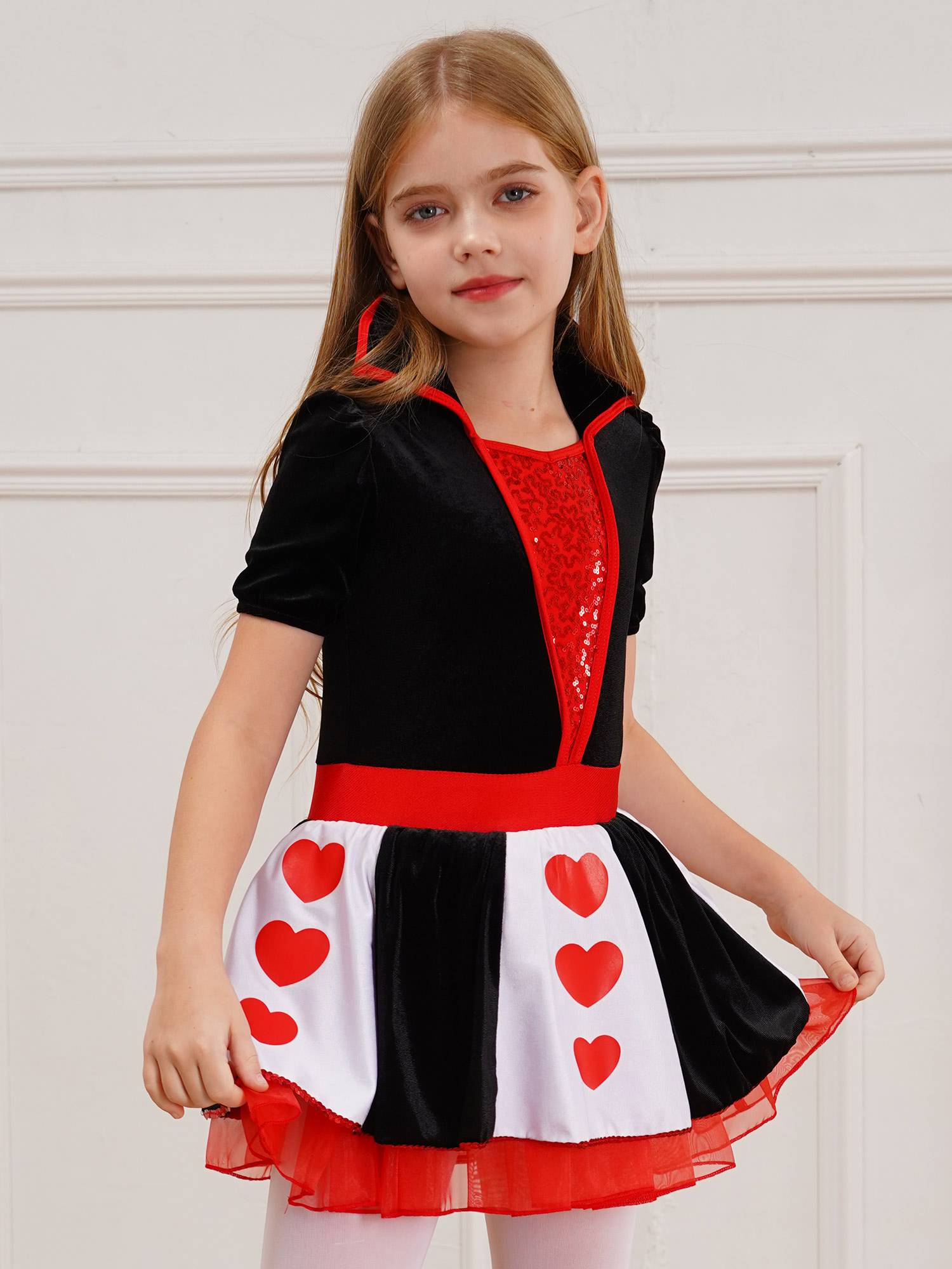 Kids Girls Queen of Heart Costume Short Sleeve Sequins Tutu Dress