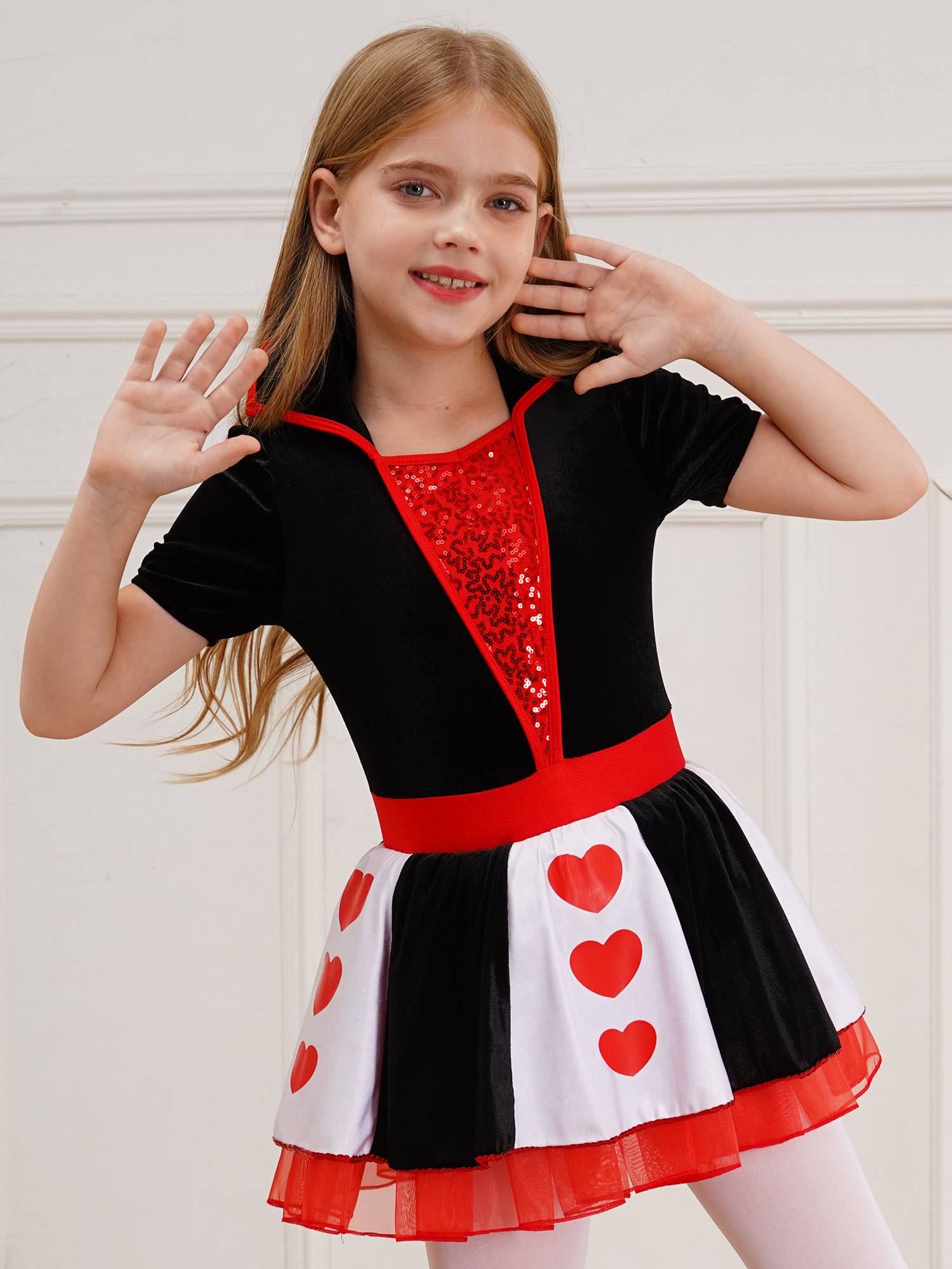Kids Girls Queen of Heart Costume Short Sleeve Sequins Tutu Dress