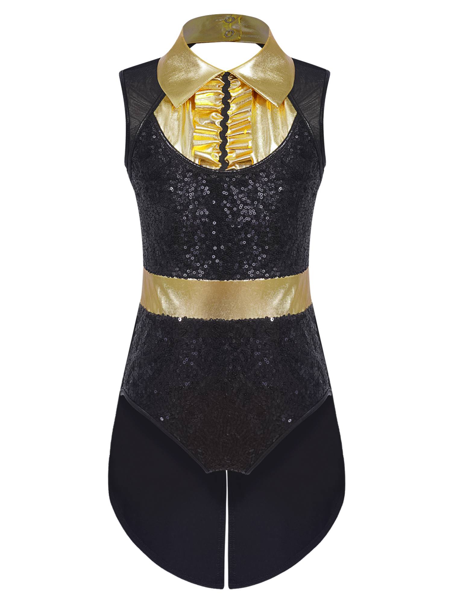 Kids Girls Sleeveless Sequins Tuxedo Bodysuit Circus Magician Costume