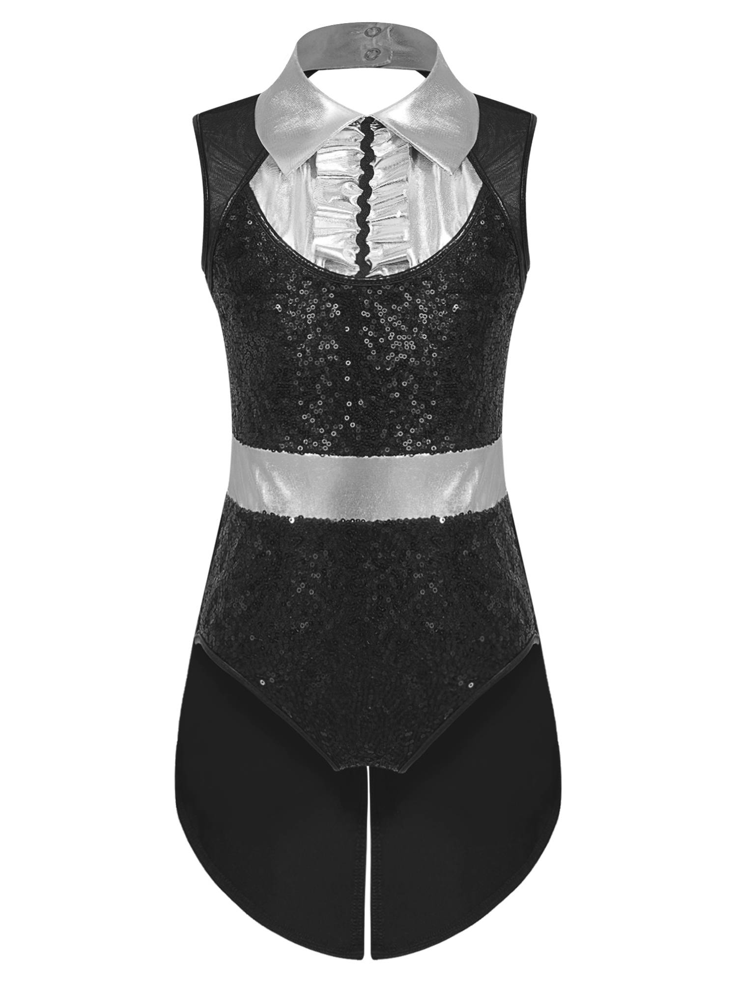 Kids Girls Sleeveless Sequins Tuxedo Bodysuit Circus Magician Costume