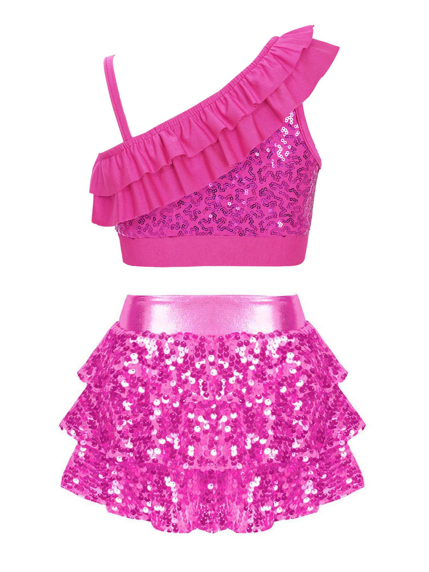 Kids Girls 2pcs Sequin Crop Top and Culottes Jazz Dance Set