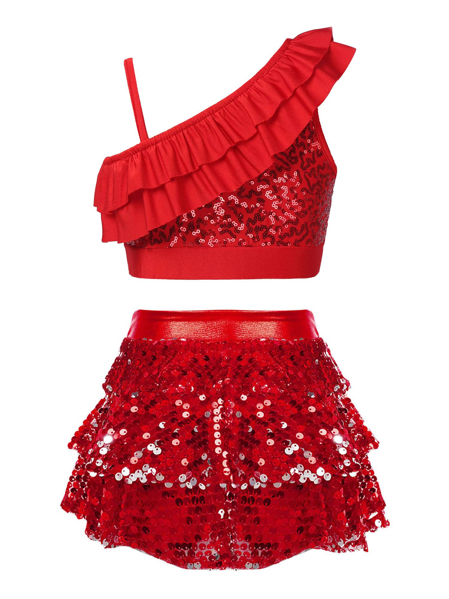 Kids Girls 2pcs Sequin Crop Top and Culottes Jazz Dance Set