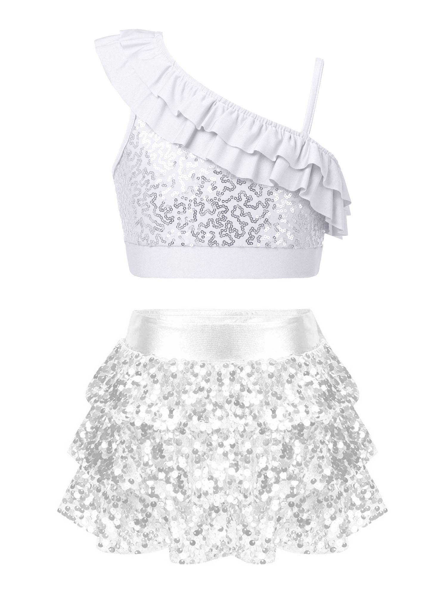 Kids Girls 2pcs Sequin Crop Top and Culottes Jazz Dance Set