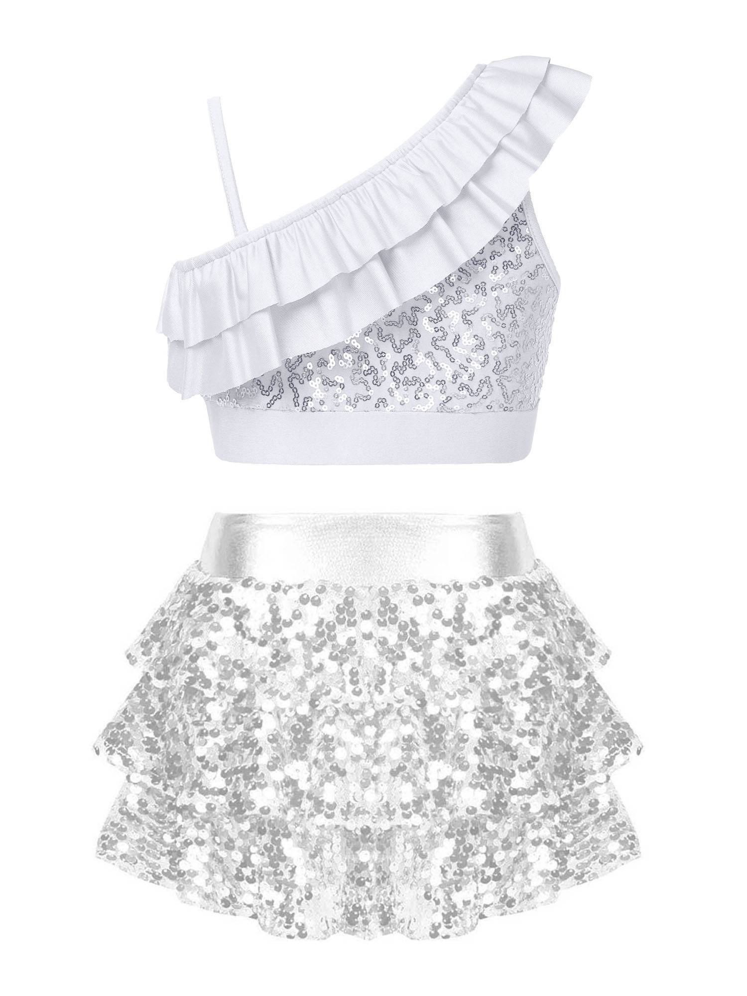 Kids Girls 2pcs Sequin Crop Top and Culottes Jazz Dance Set