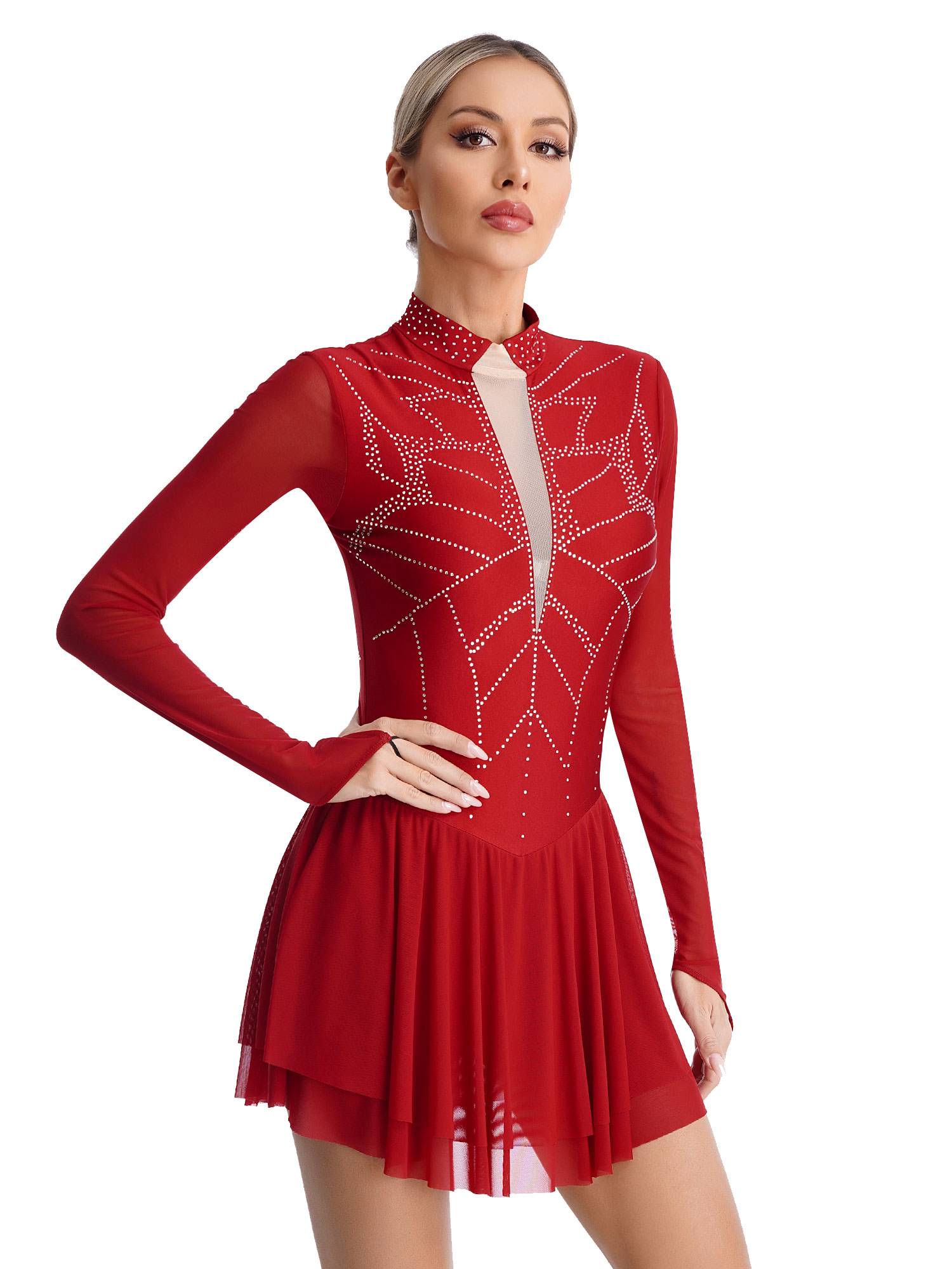 Women Shiny Rhinestones Long Sleeve Figure Skating Dress