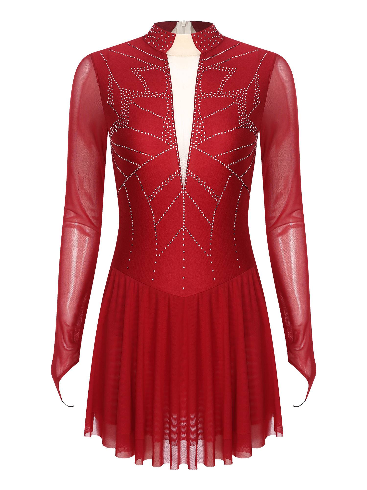 Women Shiny Rhinestones Long Sleeve Figure Skating Dress