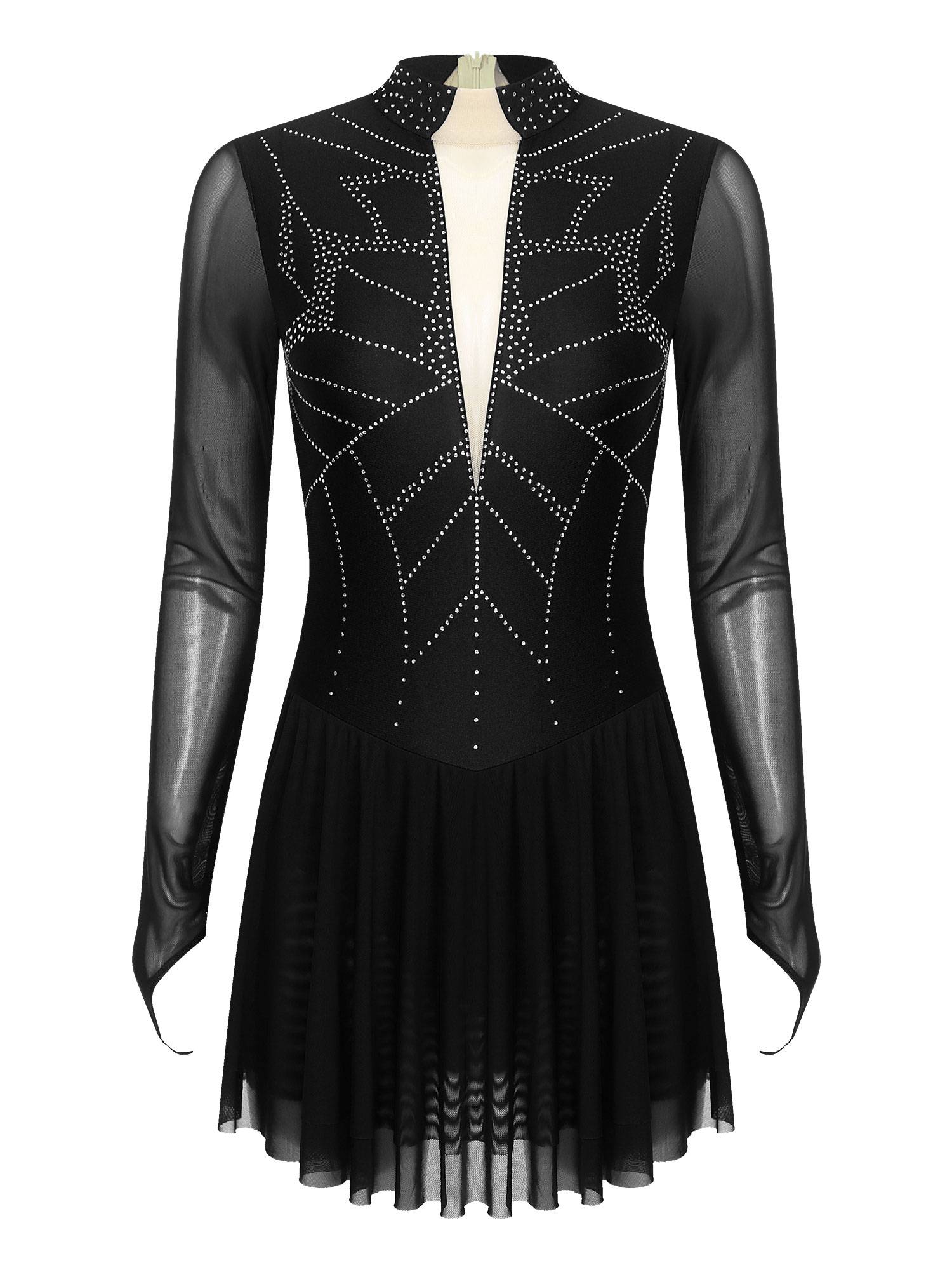 Women Shiny Rhinestones Long Sleeve Figure Skating Dress