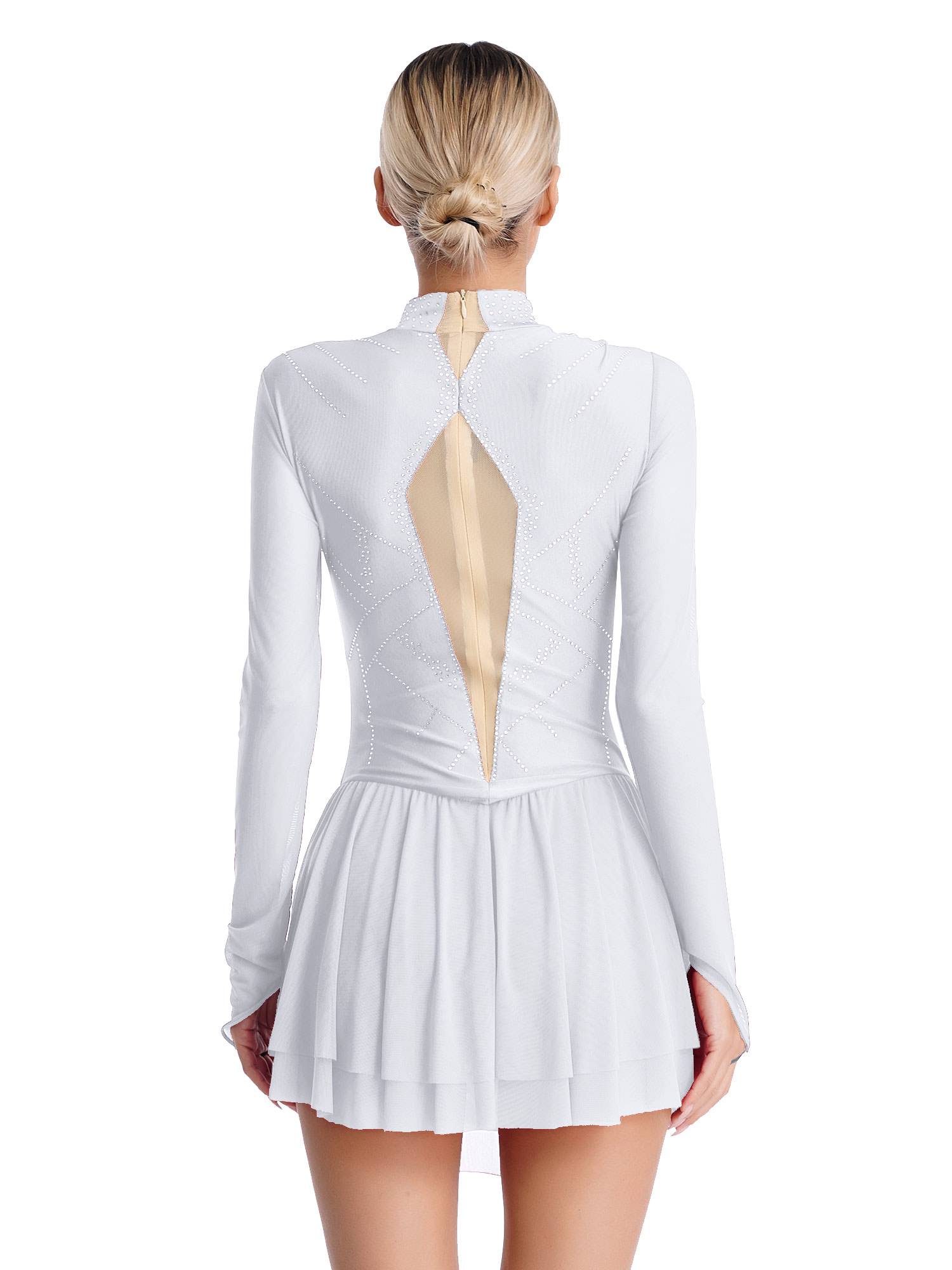 Women Shiny Rhinestones Long Sleeve Figure Skating Dress