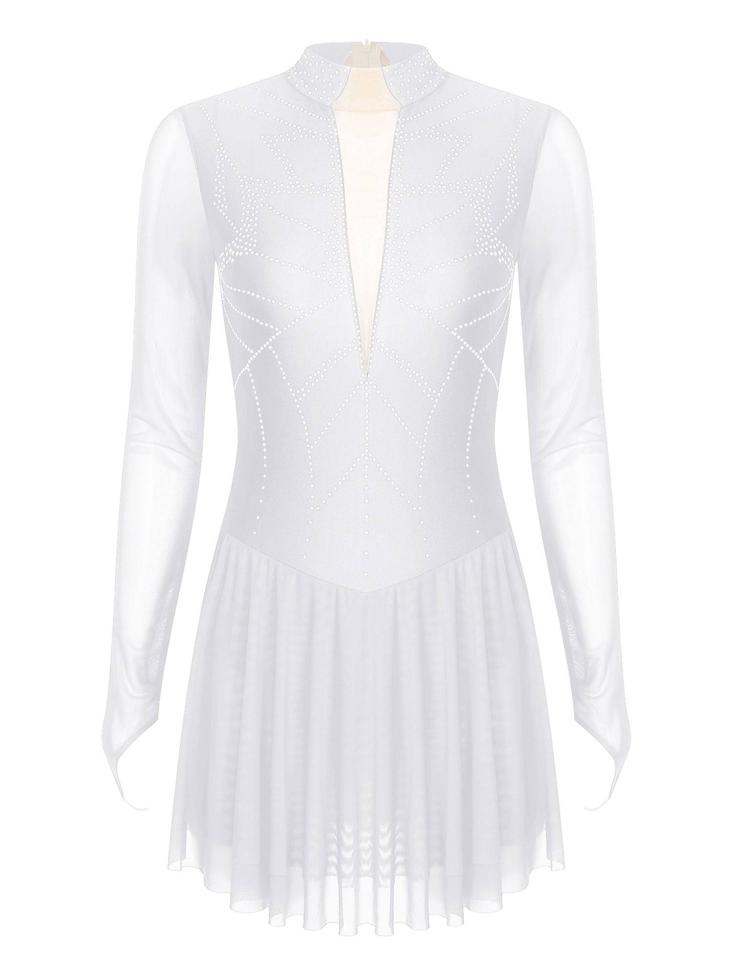 Women Shiny Rhinestones Long Sleeve Figure Skating Dress