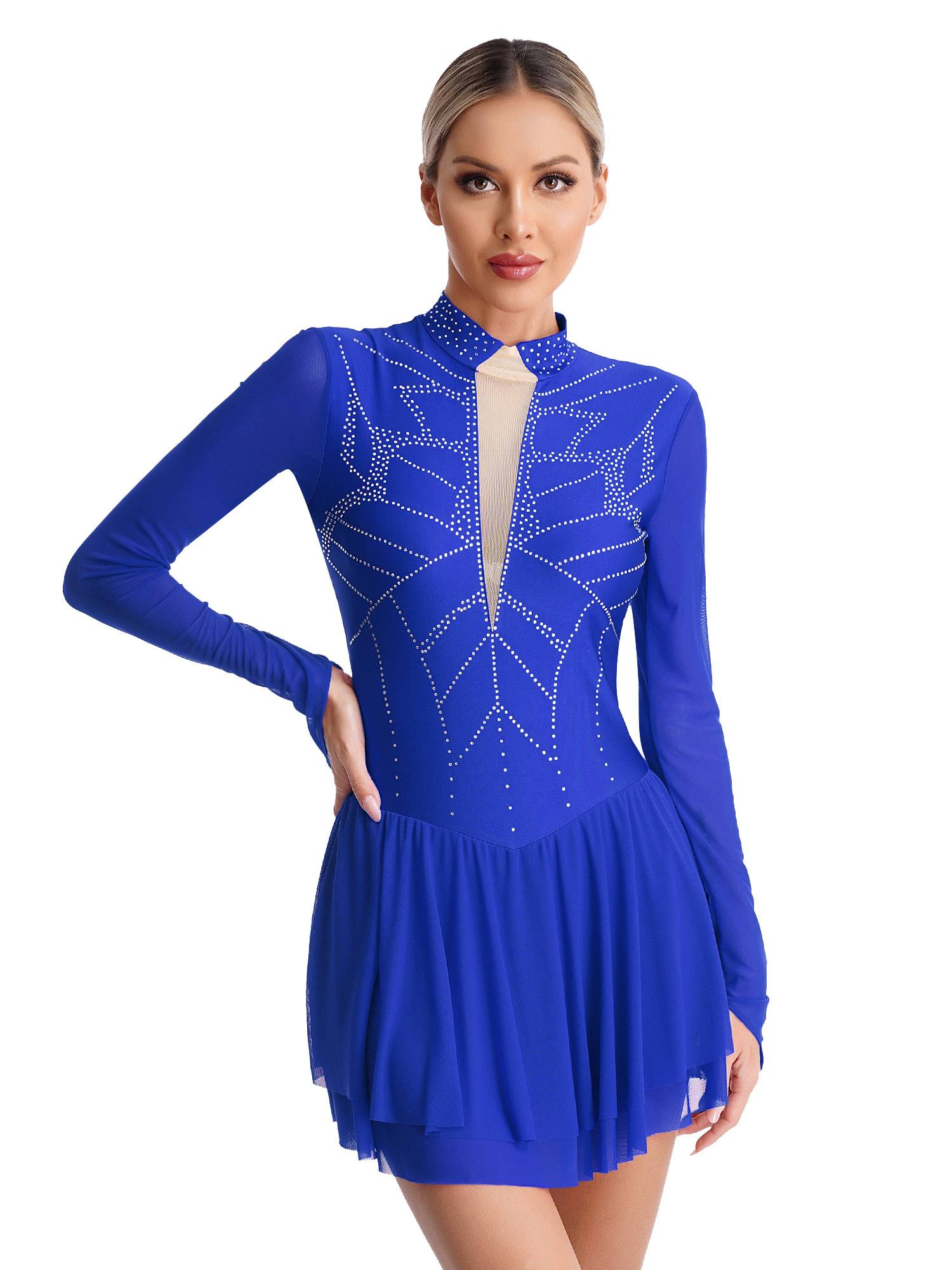 Women Shiny Rhinestones Long Sleeve Figure Skating Dress