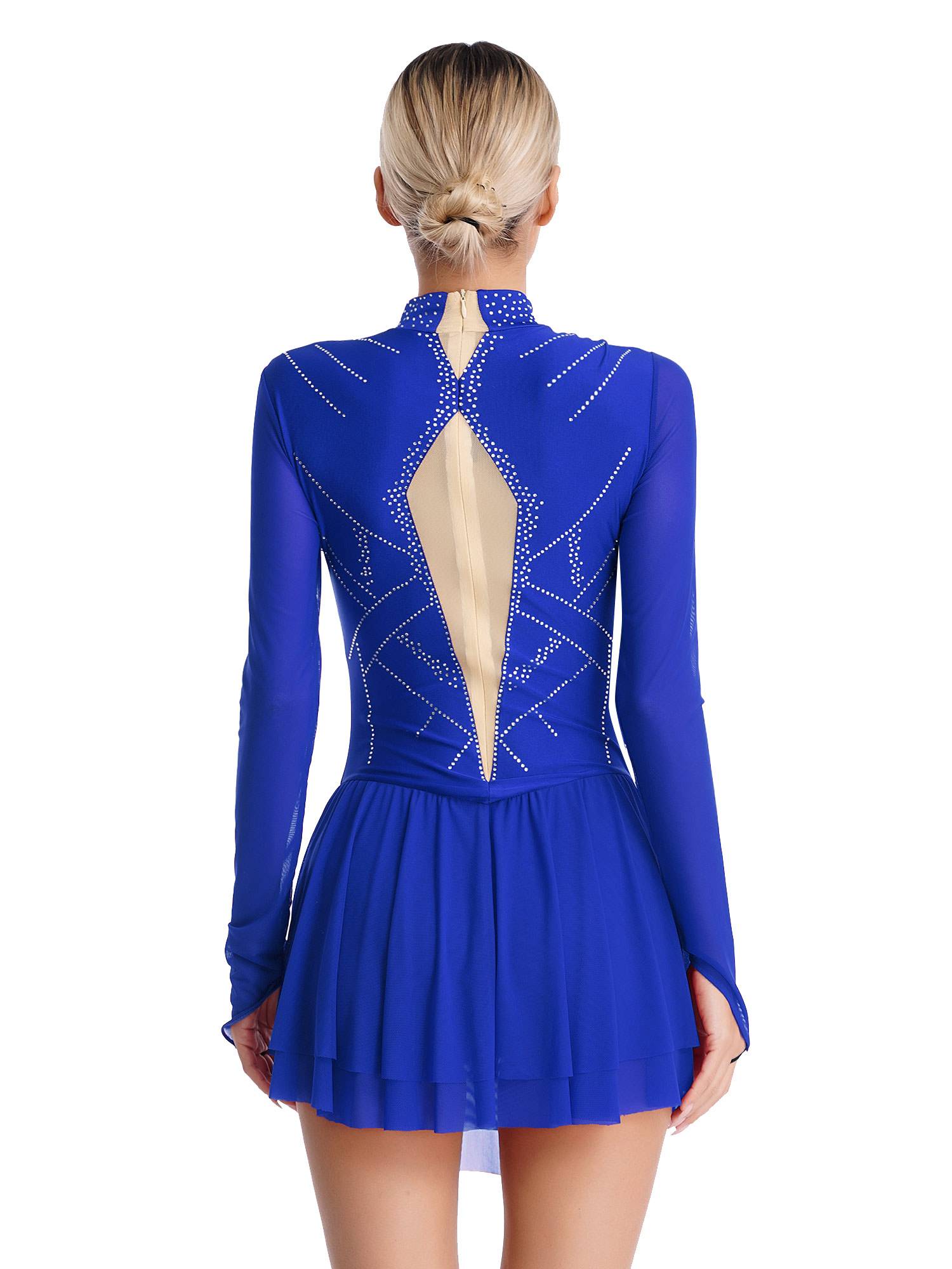 Women Shiny Rhinestones Long Sleeve Figure Skating Dress