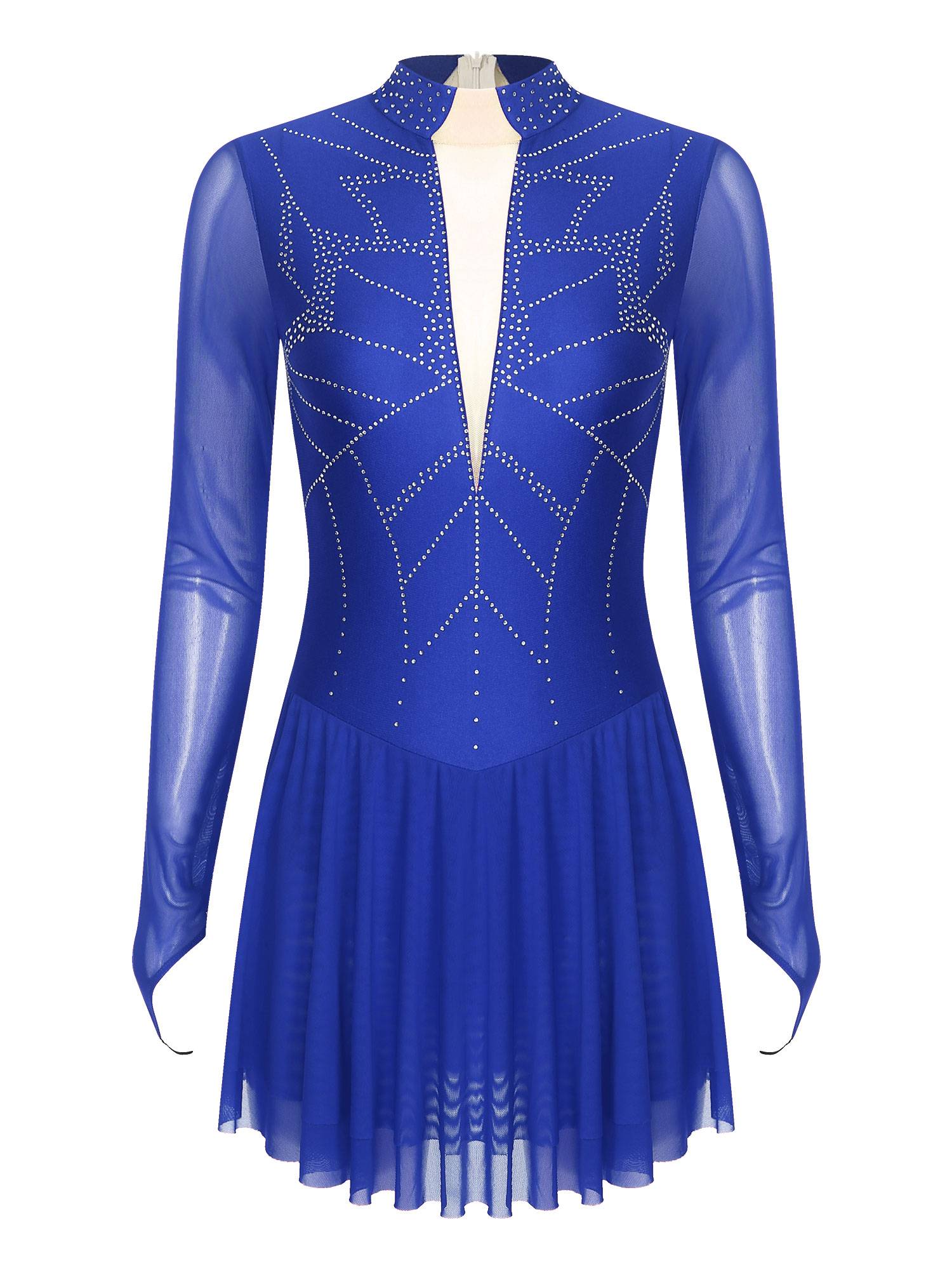 Women Shiny Rhinestones Long Sleeve Figure Skating Dress