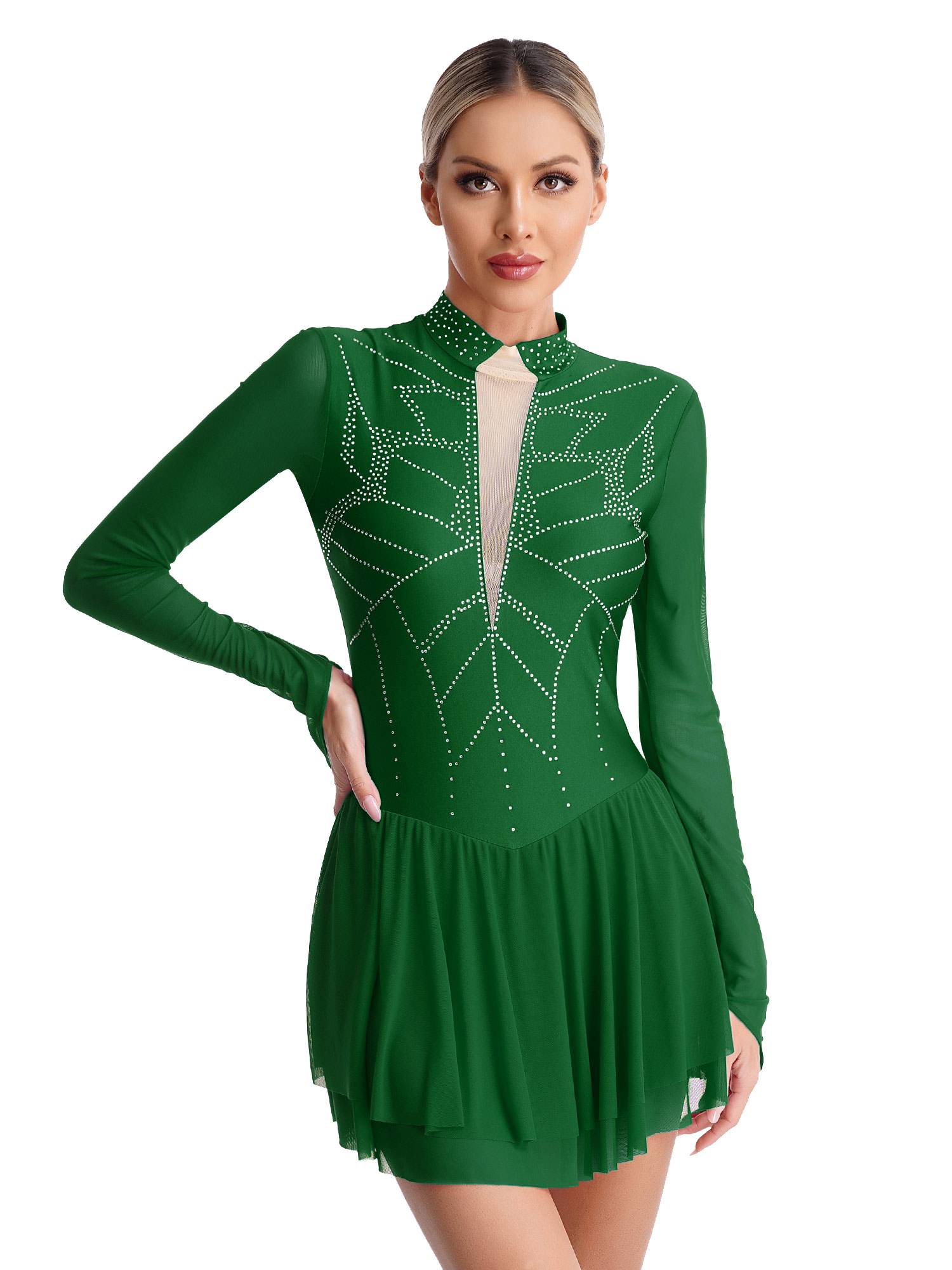 Women Shiny Rhinestones Long Sleeve Figure Skating Dress